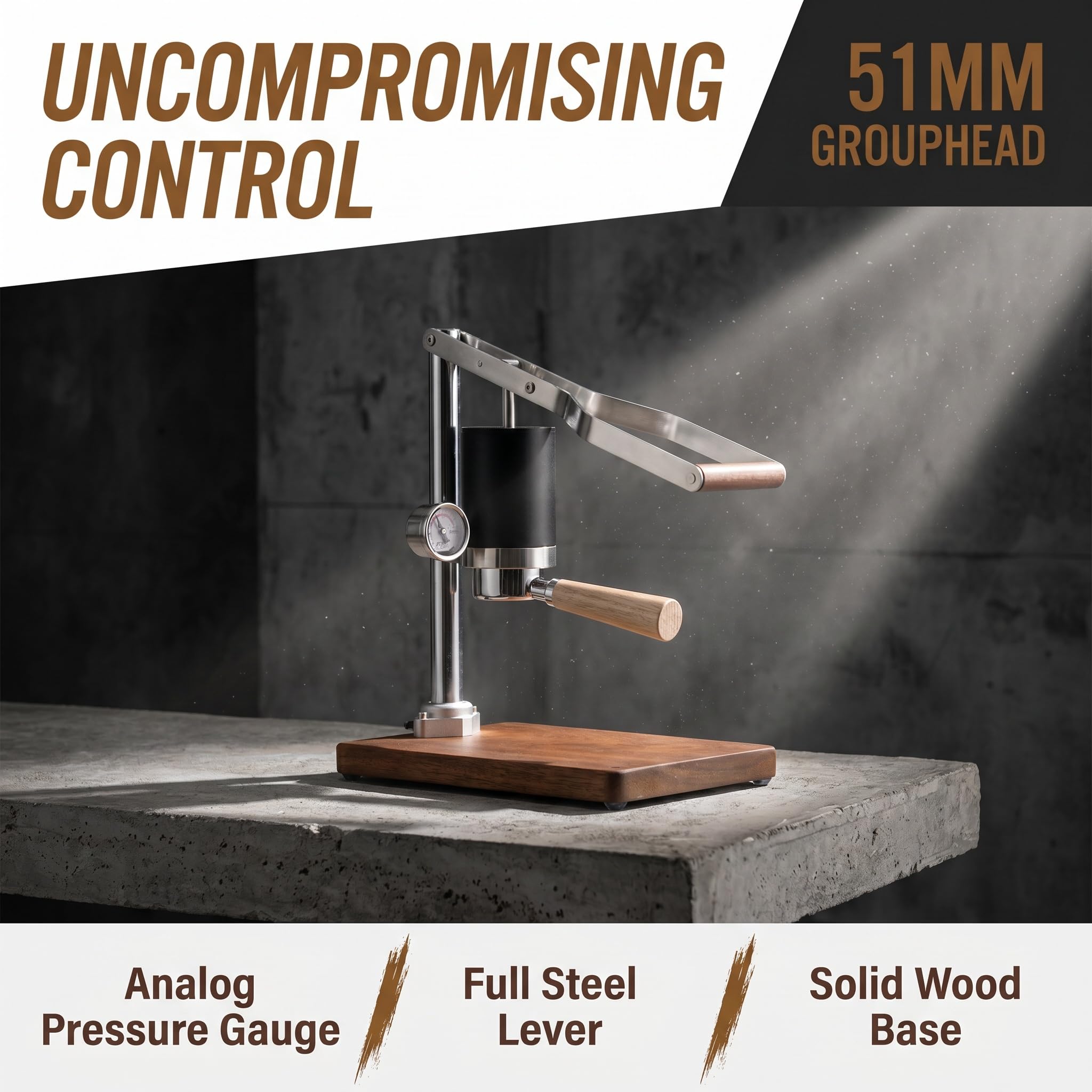 Macchina per caffè espresso manuale con manometro, manico da 51 mm, base in legno, non richiede elettricità, perfetta per baristi domestici
