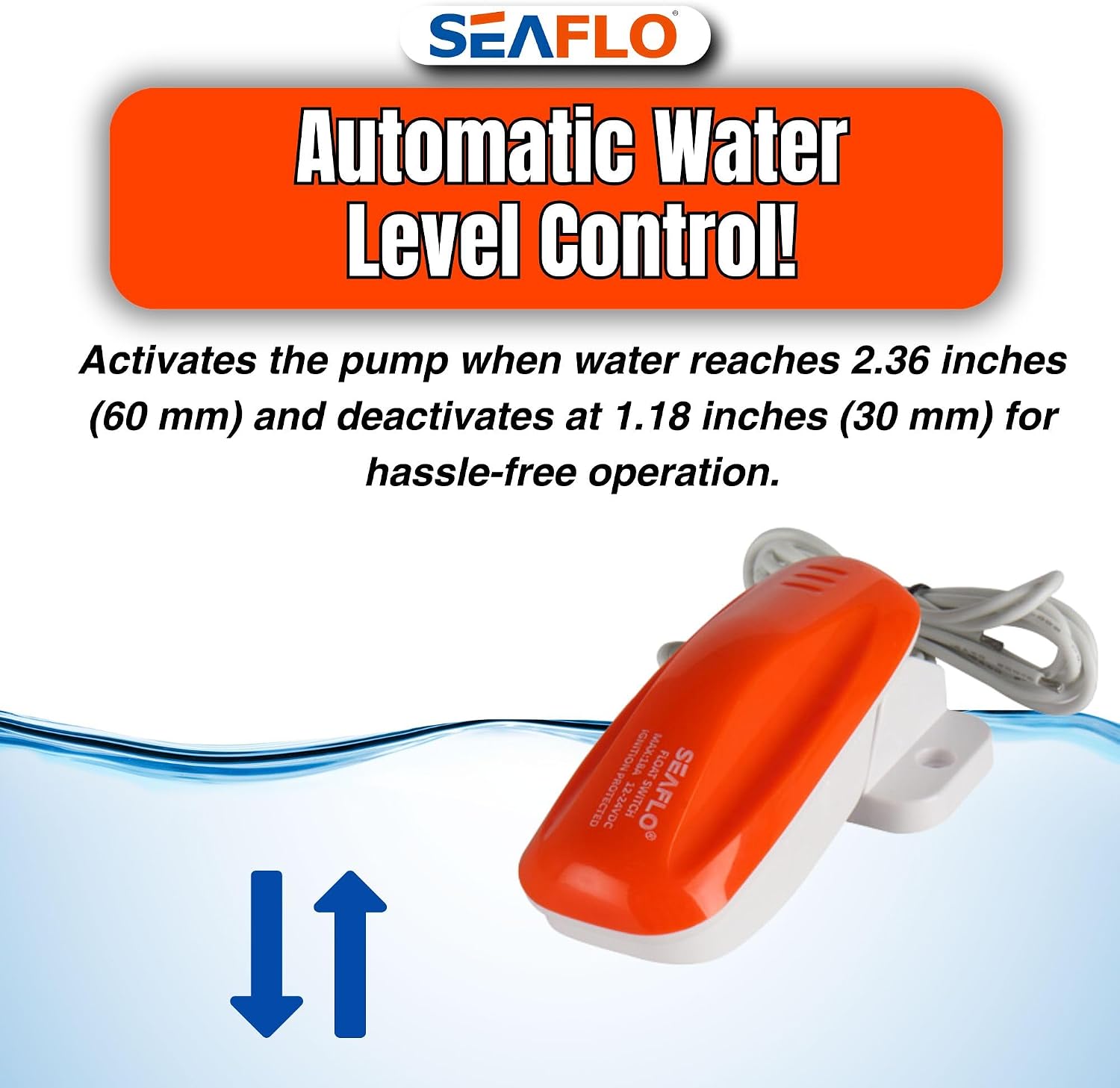 SEAFLO 02 Series Bilge Pump Float Switch - 12V/24V 18A Automatic Water Level Switch with 1m 16 AWG Leads, Sensor for Marine Boat Fresh & Salt Water Bilge Pumps, 4-Year Warranty