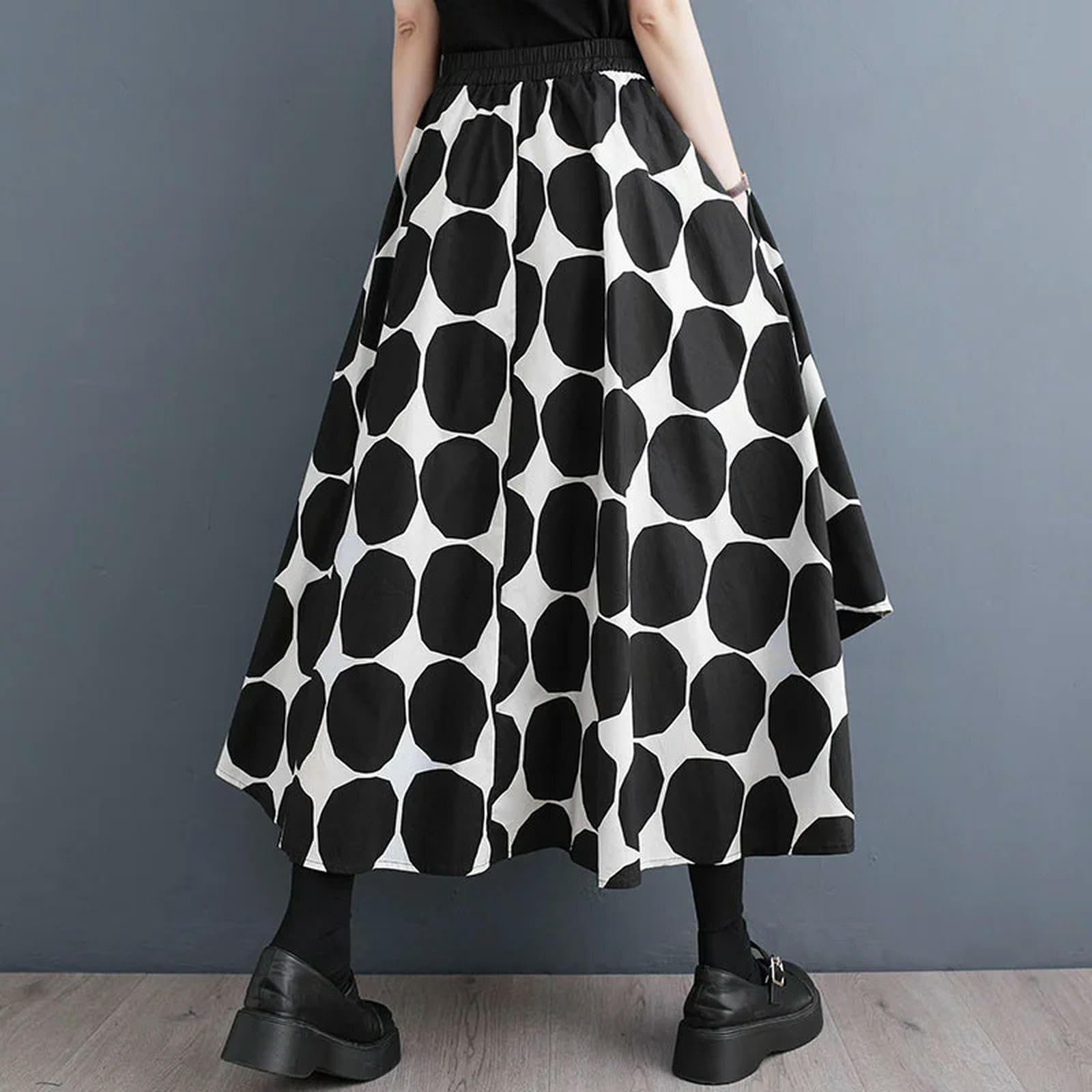 Gonna Lunga Donna Gonne A Pois Nera Stampa A-Line da Donna Asimmetriche Gonne A Vita Alta Vintage Femminile-Nero-One Size (50-90 kg)
