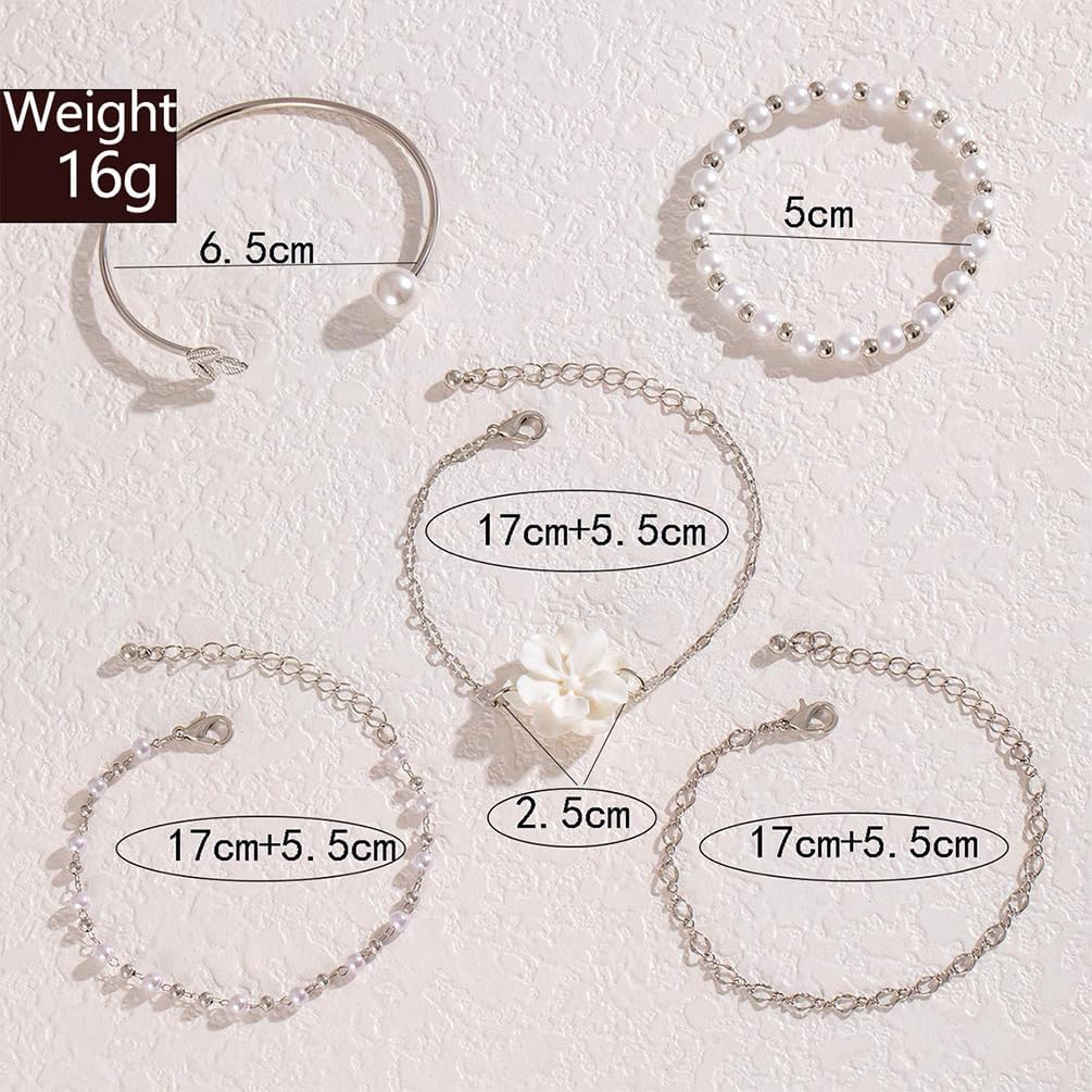 5Pcs Boho White Flower Beaded Pearl Bracelets for Women Trendy, Cute Gold Silver Stackable Floral Petal Pearls Beads Chain Bracelet Holiday Jewelry Gifts - Image 2