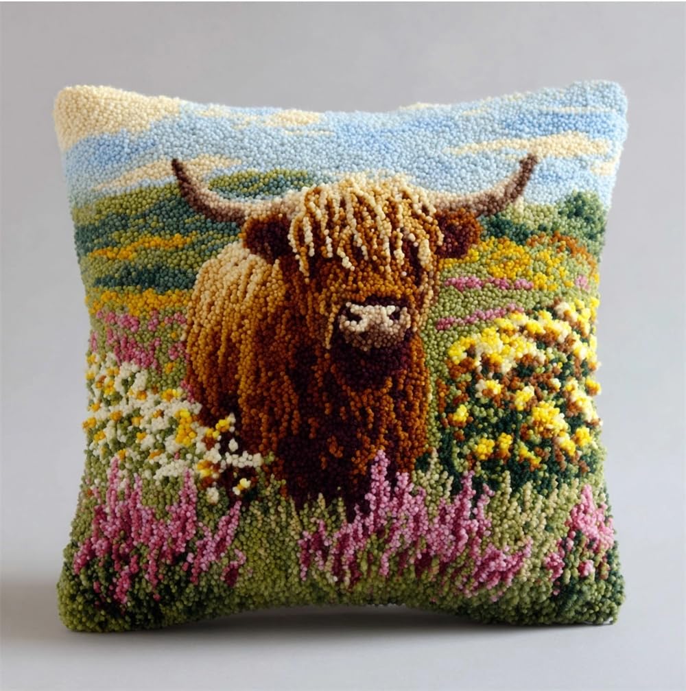 kitphoenix Latch Hook Kits for Adults, Highland Cattle Amidst A Field of F