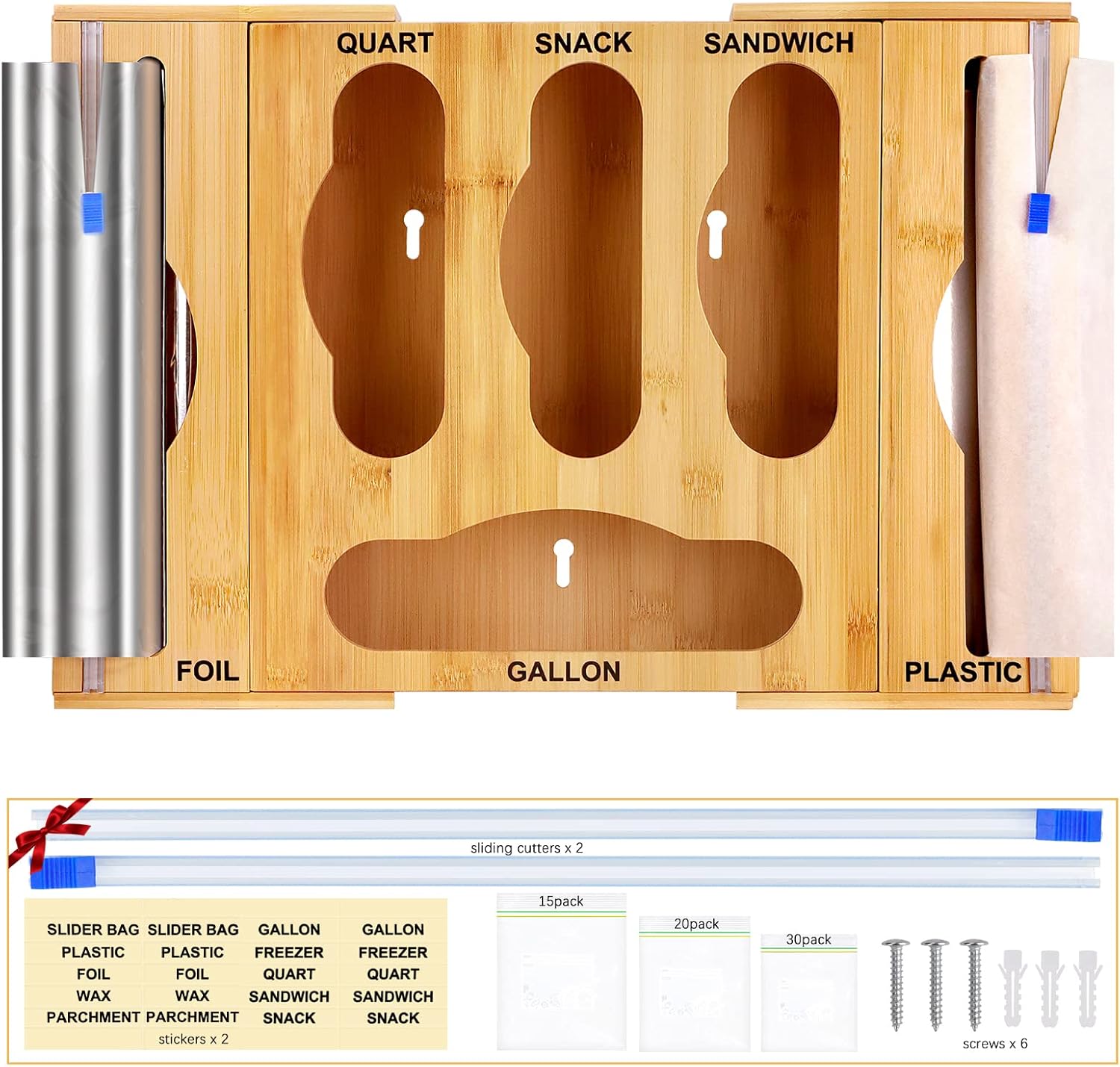 FULANDL Bamboo Ziplock Bag Storage Organizer for Drawer and Wall, Foil