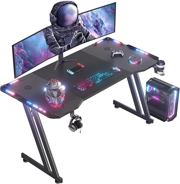 DLONGONE RGB Gaming Desk 140cm Large Gaming Table for Laptop, Computer Desk Gaming PC Pro Carbon Coated with Cup Holder Easy to Assemble