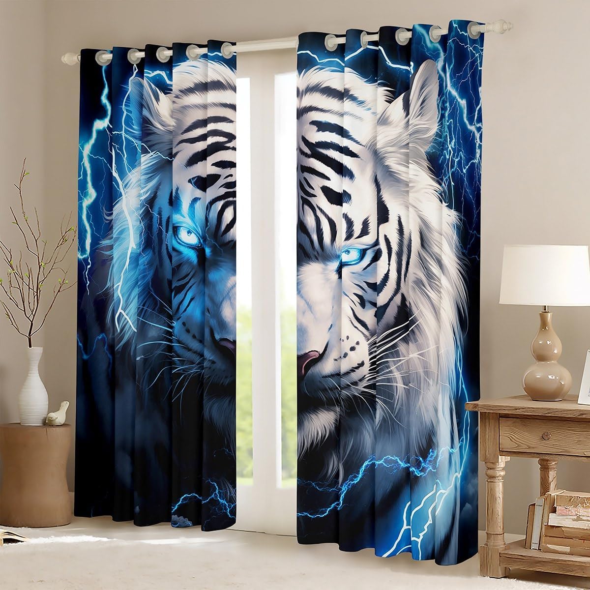 Castle Fairy 3D Tiger Window Curtain,Blue Lightning Curtains White Black Tiger Wild Animals Blackout Window Treatment for Kids Boys Teens Men Room Decor, Window Drapes,2 Panels,38Wx45L