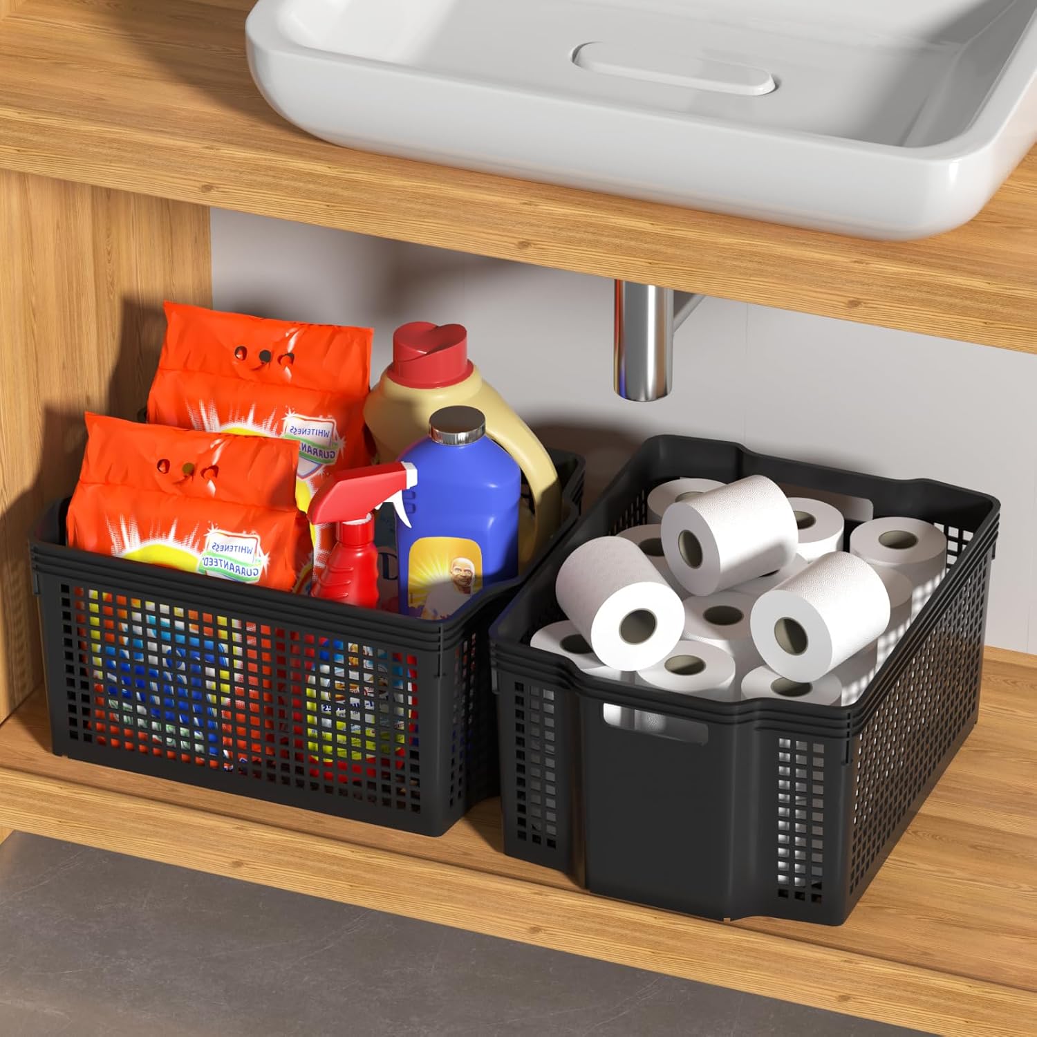 12 Pack Deep Plastic Storage Baskets, 14.37" x 10.70" x 7.12" Large Stackable Organizer Bins with Handles, Black