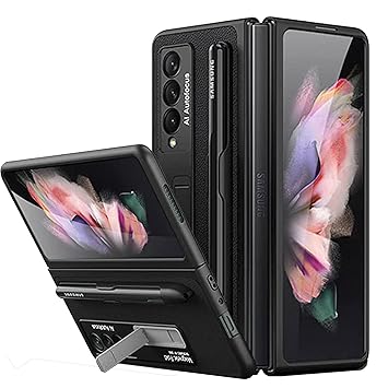 Miimall Compatible Samsung Galaxy Z Fold 3 Case with S Pen Holder, Leather Pattern with Built-in Magnetic Kickstand Ultra-Thin All-Inclusive Protective Cover Case for Z Fold 3 5G(Black)