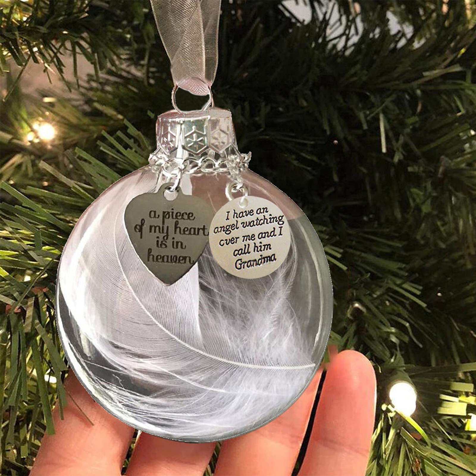 Clear Christmas Memorial Ornament Feather Ball, A Piece of My Heart is in Heaven, Christmas Tree Memorial Hanging Pendant Gift for Mom, Dad, Son, Daughter,Sister, Brother, Grandma, Grandpa 2.4''/60 mm