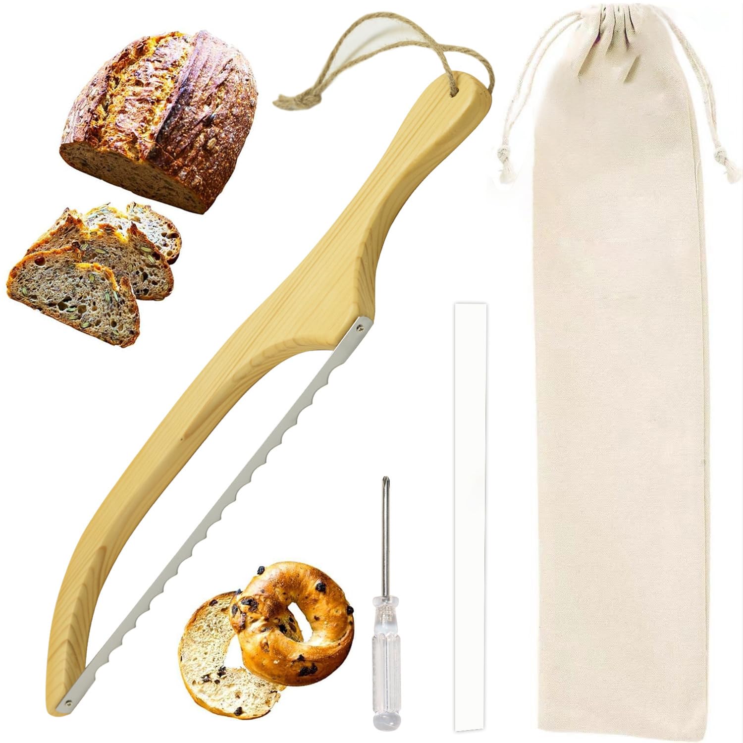 Bread Slicer, 15.7×2.4 Inch Bread Bow Saw for Slicing, Stainless Steel Sourdough Bread Slicer Portable Bread Cutting Tool with Bamboo Handle Bread Cutter for Homemade Bagels Bread Baguettes