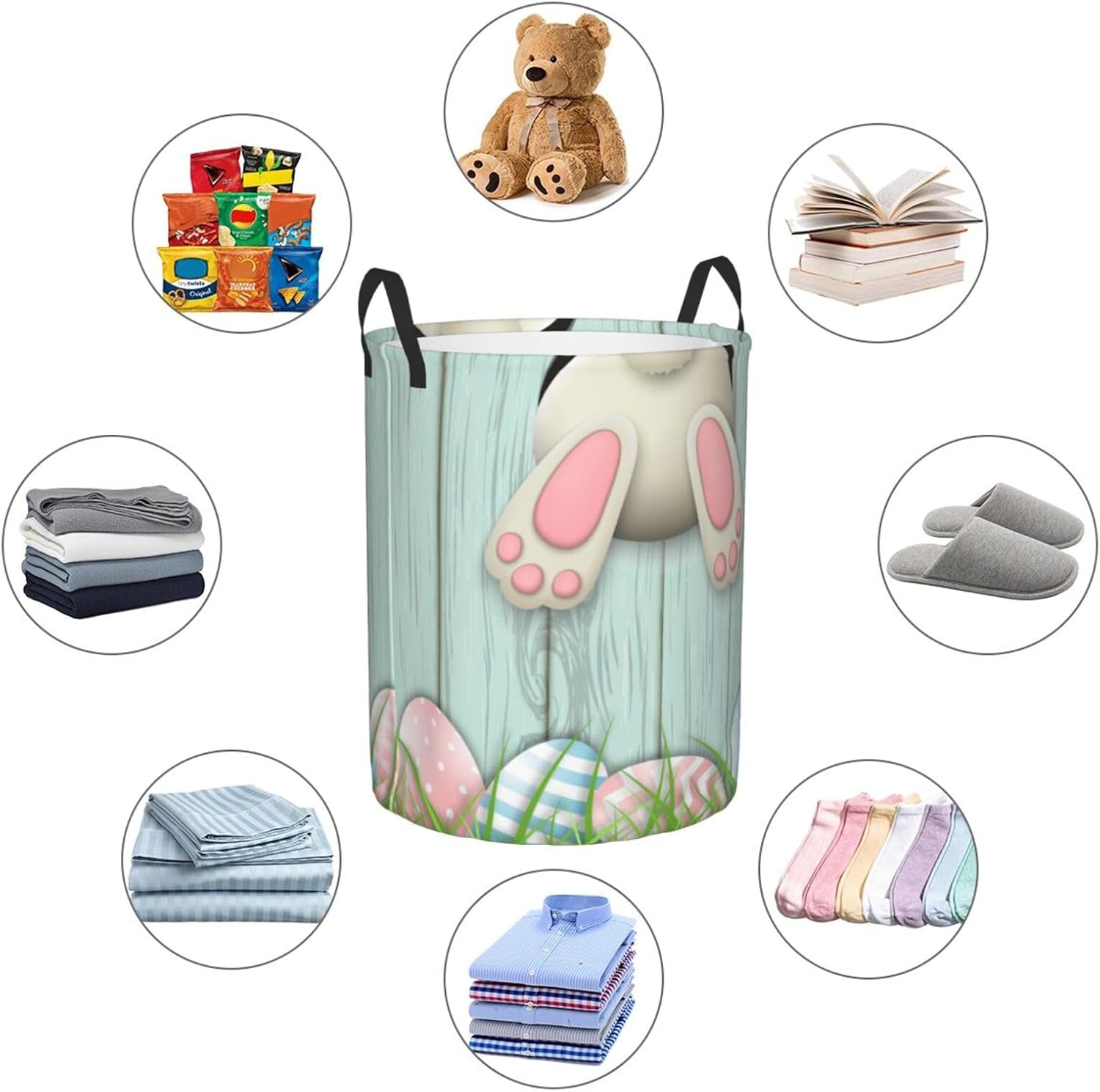 Easter Eggs Bunny Tail Laundry Basket with Handle Waterproof Collapsible Cloth Hamper Round Storage Basket for Bathroom Bedroom College Dorm