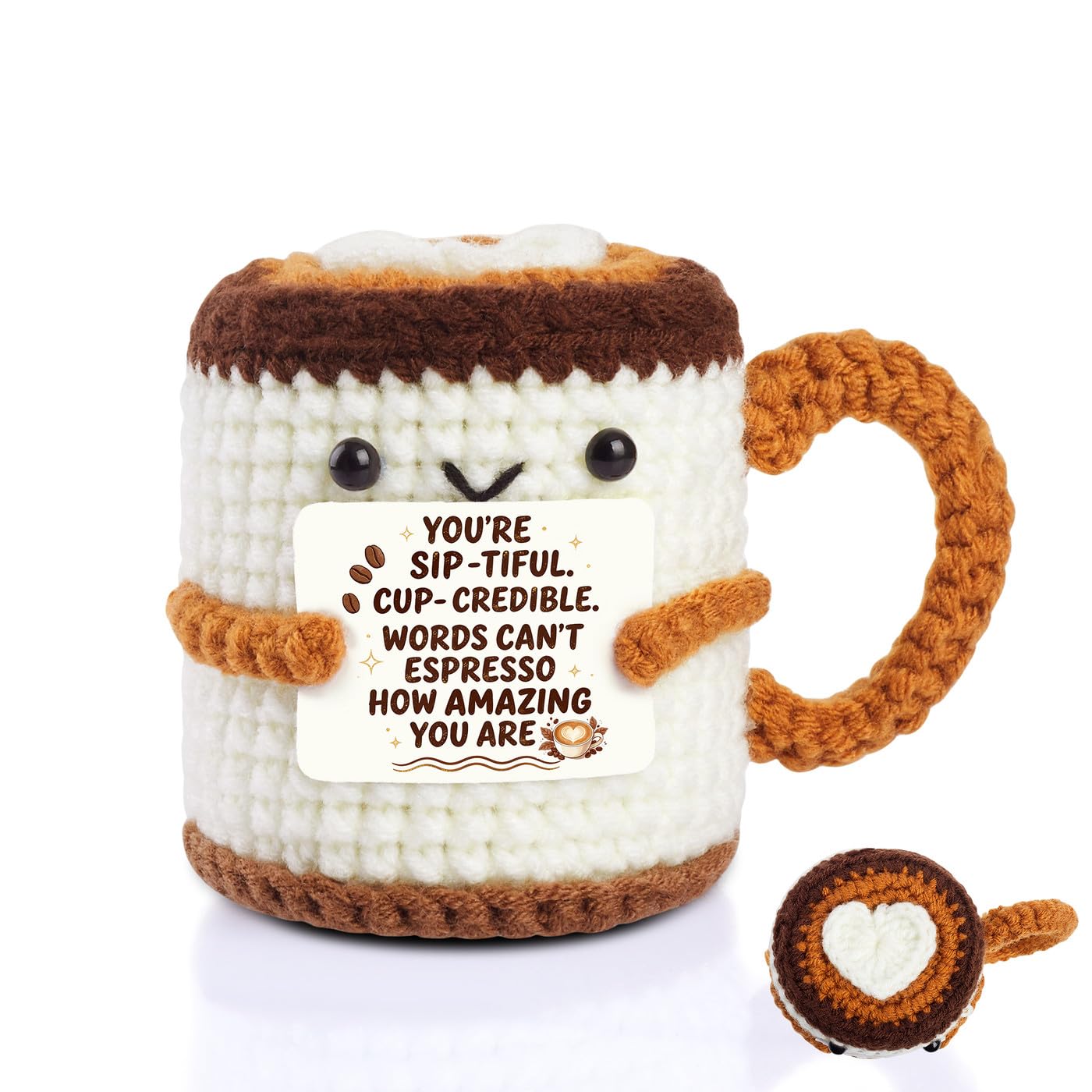 AWARDSEN Positive Crochet Coffee Cup Emotional Support Gift Coffee Lover Gifts for Women Cute Stuff Valentines Day Love Gifts