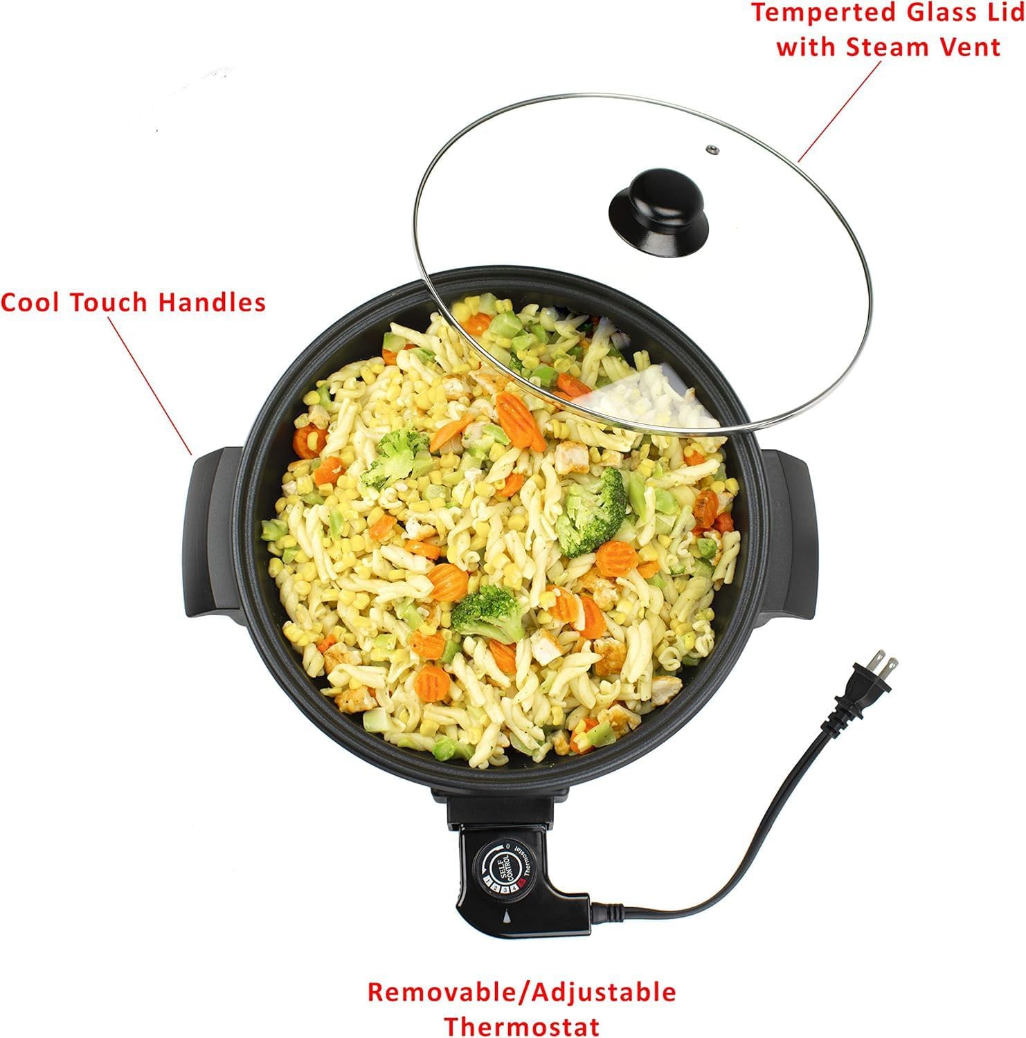 12-Inch Non-Stick Electric Skillet with Adjustable Temperature, Vented Glass Lid & Removable Thermostat – 1400W Round Skillet for Stir Fry in Black