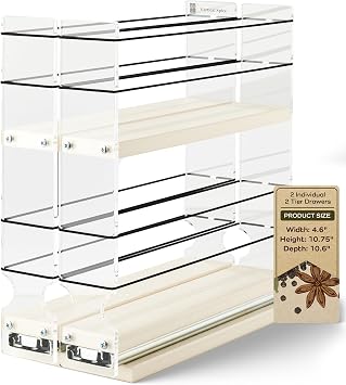 Vertical Spice - Narrow Pullout Spice Rack - Sliding Drawer for Kitchen Organization - Pantry Organizers and Storage - 2 Drawers & 2 Tiers - 20 Spice Jar Capacity 4.6" W x 10.75" H x 10.6" D, Cream
