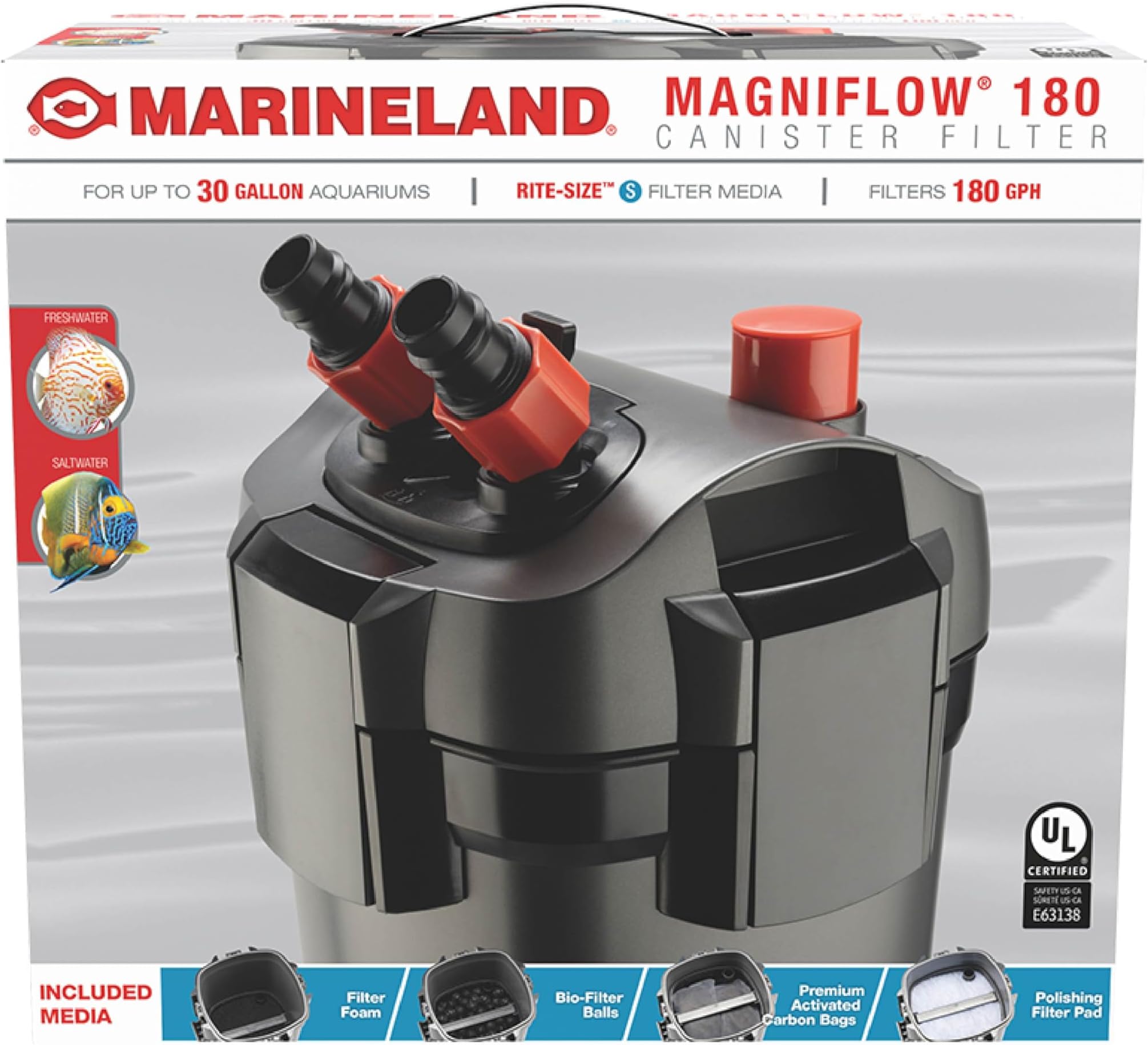 Marineland Magniflow 180 Canister Filter For Freshwater, Saltwater Aquariums Provides 3-Stage Mechanical, Chemical And Biological Filtration For a Clean Tank, With Rite-Size S Filter Media, 1 Count