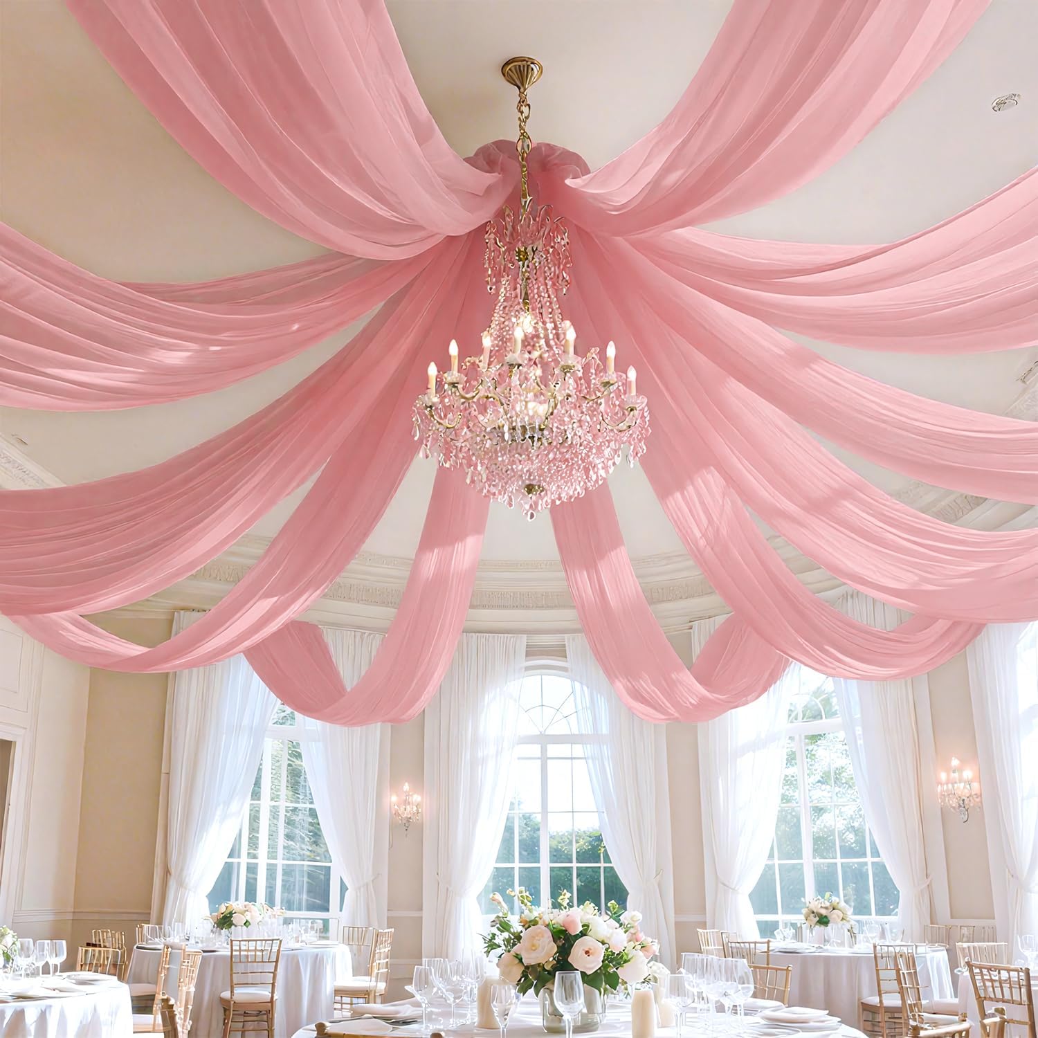 FUHSY Ceiling Drapes Hanging Kit for Weddings Dusty Rose Arch Drapes 6 Pack 5ft x 10ft Chiffon Draping Fabric Ceilings Decor for Wedding Reception Decorations with Ceiling Hanging Hook