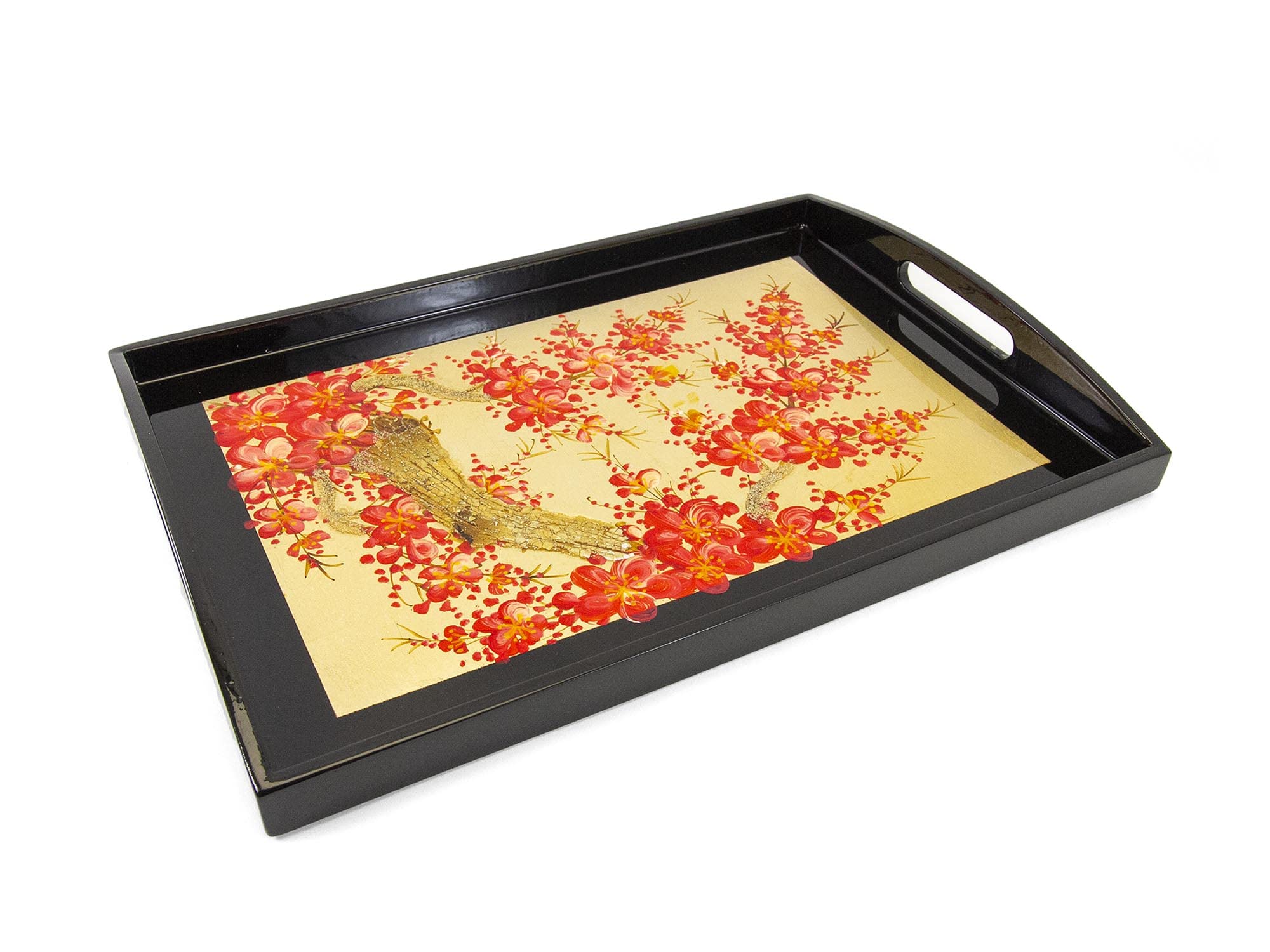 Plateau en Bois Laqué Doré et Noir “Fleurs de Cerisier”, Fait Main, L35 x 24cm - Plateau de Service avec Poignée - Artisanat du Vietnam et Déco Asiatique (S39-4944-35)