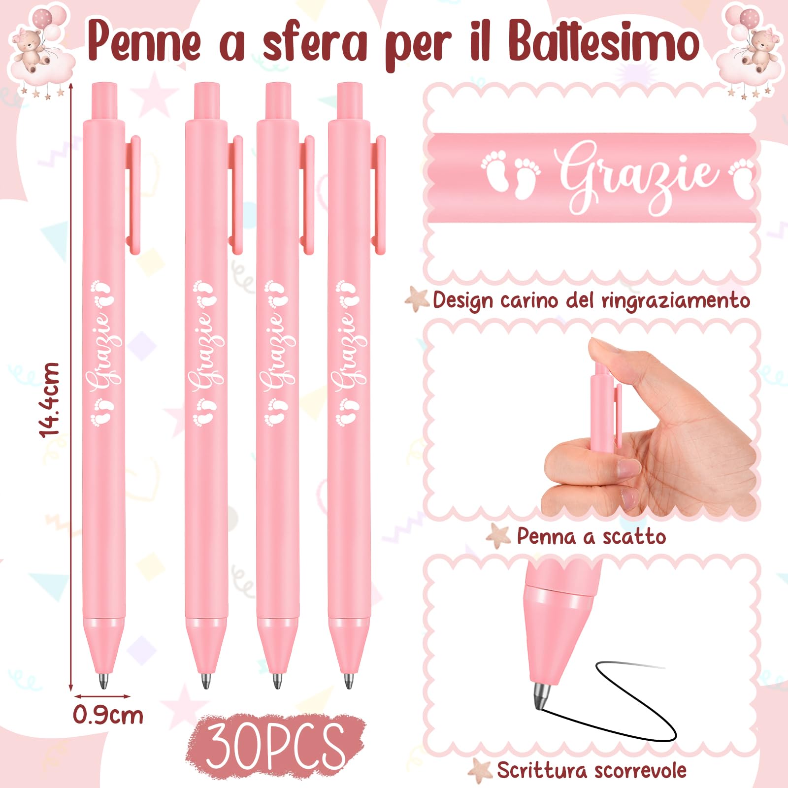 Tenare 30 Pezzi Segnaposto Battesimo Bimba Orsetto Segnalibri con Grazie Penna e Nastro Bomboniera Battesimo Bambina Regalo di Ringraziamento per gli Ospiti per Baby Shower Decoración da Tavola(Rosa)