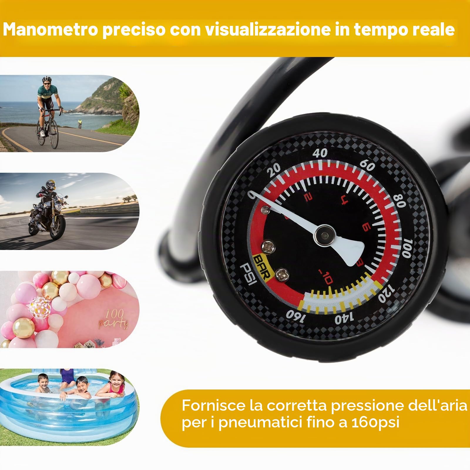 MXTIMWAN Pompa Aria per Bicicletta, Pompa Bici con Manometro da 160 PSI, Pompa da Pavimento Portatile per Bicicletta, Gonfiatore Bici con Ago Multifunzionale per Bici, Moto, Palloni e Altro Ancora