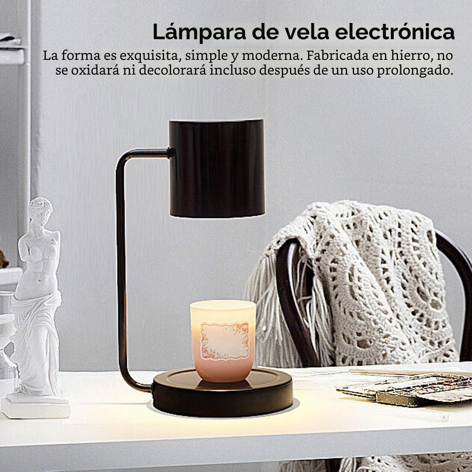 Fockety Lámpara Calentadora de Velas, Forma Exquisita de Lámpara de Vela Electrónica de Atenuación Continua para Dormitorio (Negro)