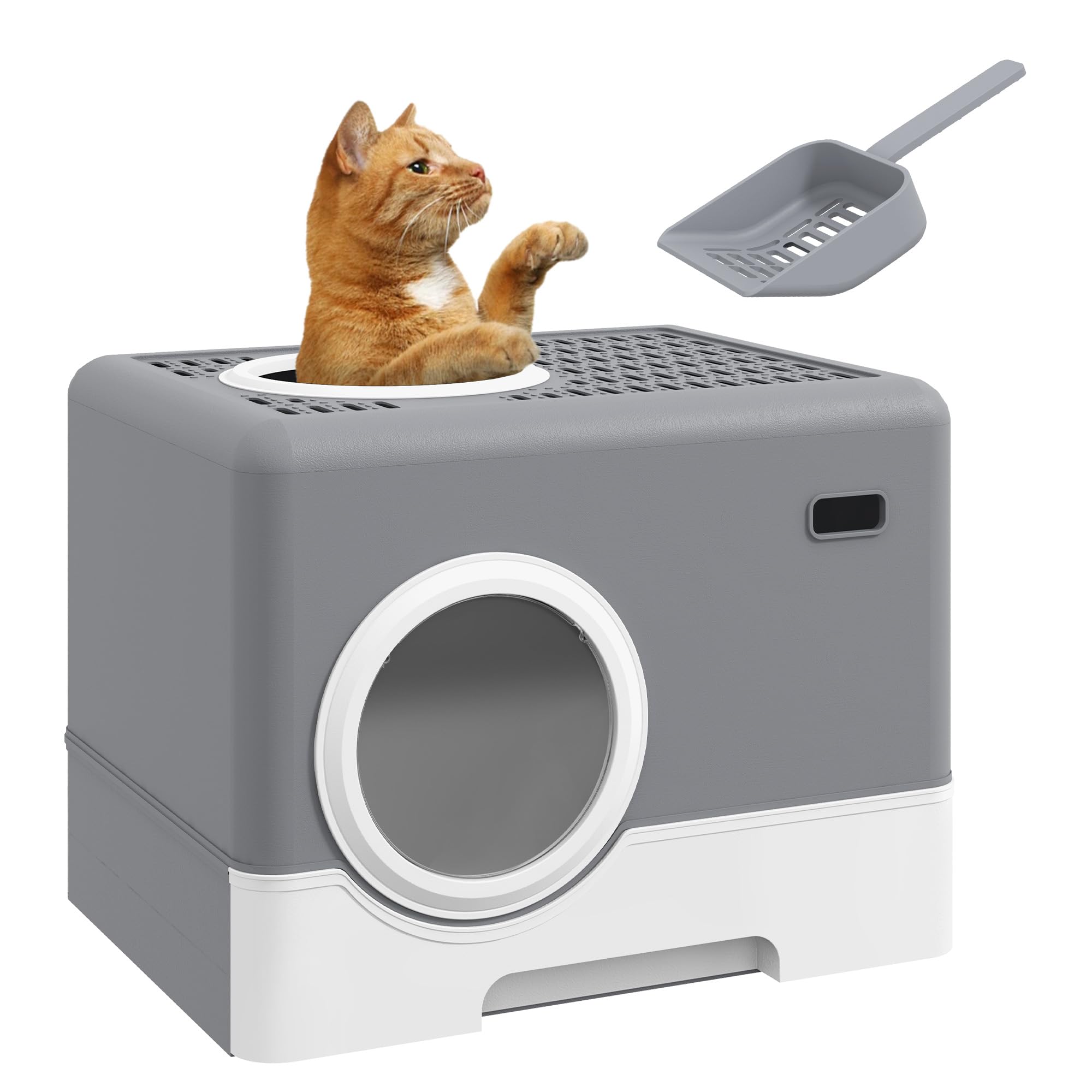 PawHut Katzentoilette mit Deckel Katzenklo mit Haube und Schaufel ausziehbare Schublade 2 Ausgänge Katzentoilette für Katzen bis 4 kg 52 x 41 x 38,5 cm Grau