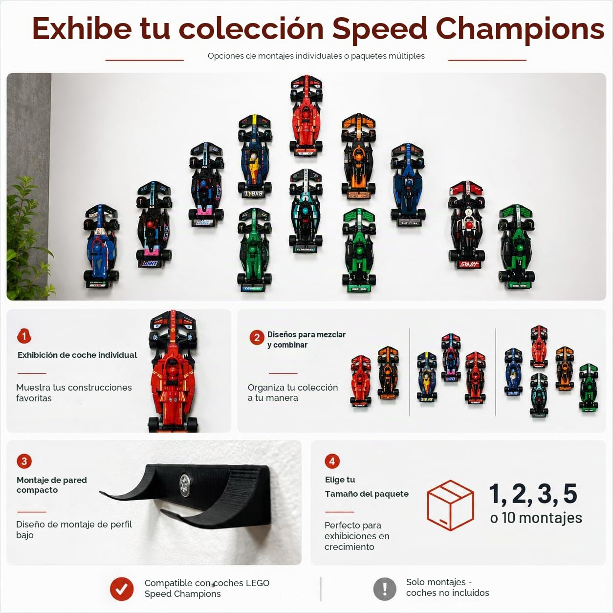 10 ganchos de montaje en pared compatibles con Lego F1 Speed Champions Cars - Kit de soporte de exhibición para modelos Lego Fórmula 1