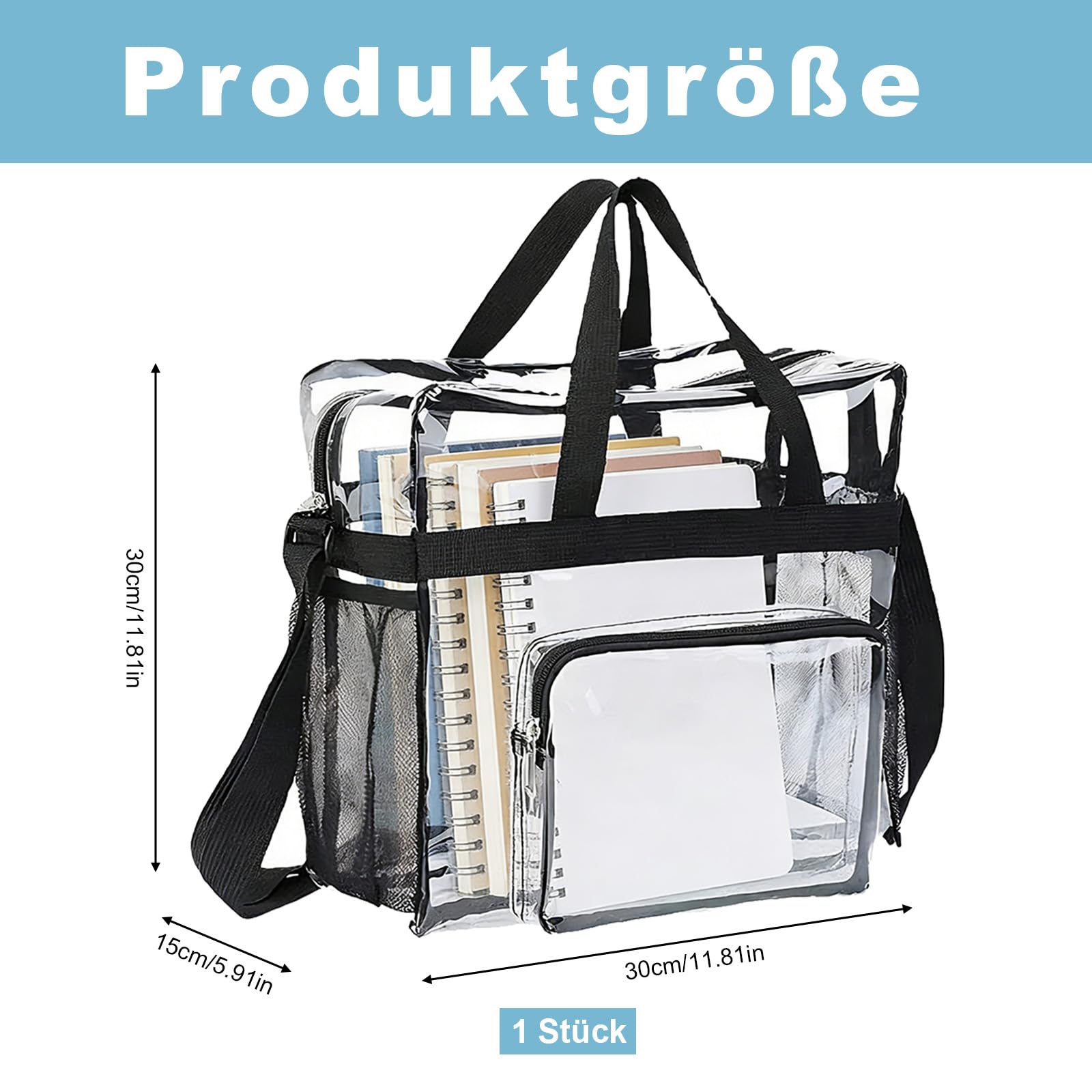Borsa trasparente, 28 x 13 x 27 cm, trasparente, per lavoro, palestra, concerti e competizioni sportive