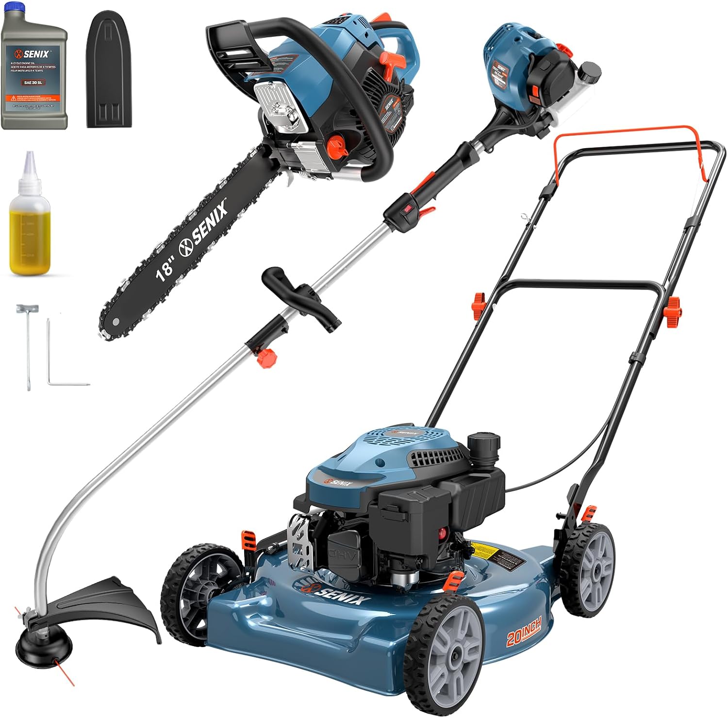 SENIX 20 Inch 144cc Gas Lawn Mower, 26.5 cc Gas Weed Wacker and 18-Inch Gas Chainsaw Kit