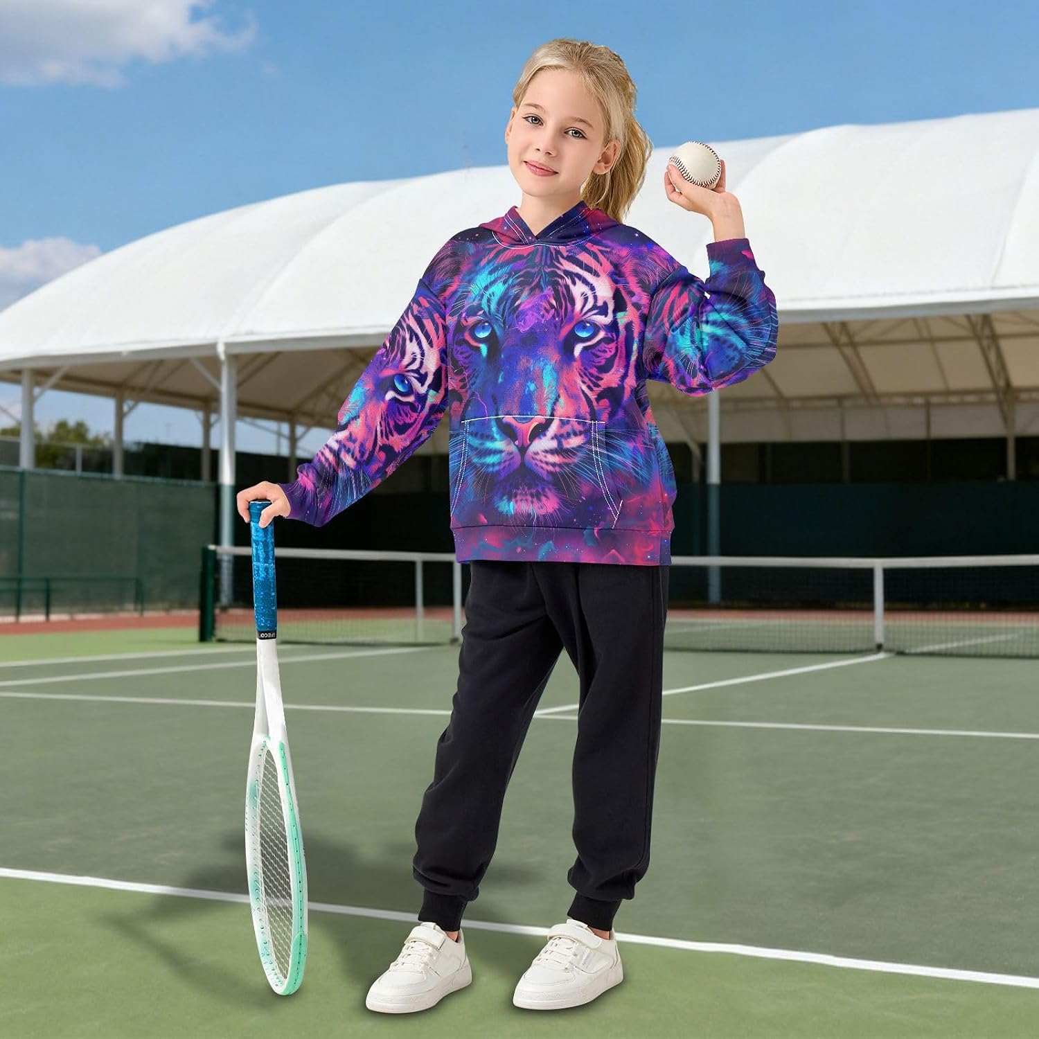ZZXXB Galaxy Tiger Kids Sweatshirts Boys Girls Hooded Kangaroo Pocket Pullover Tops XS-XXL