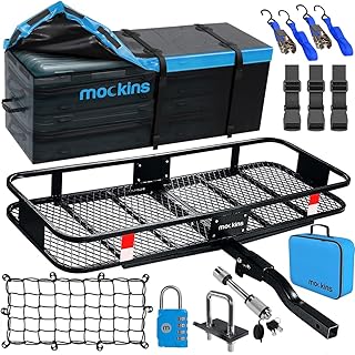Mockins 60x20x6 Heavy-Duty Trailer Hitch Cargo Carrier 500lb Cap & 16 Cu Ft Waterproof Luggage Cargo Bag |Folding Hitch Cargo Carrier with Cargo Net & Hitch Accessories |2" Receiver Hitch Cargo Rack