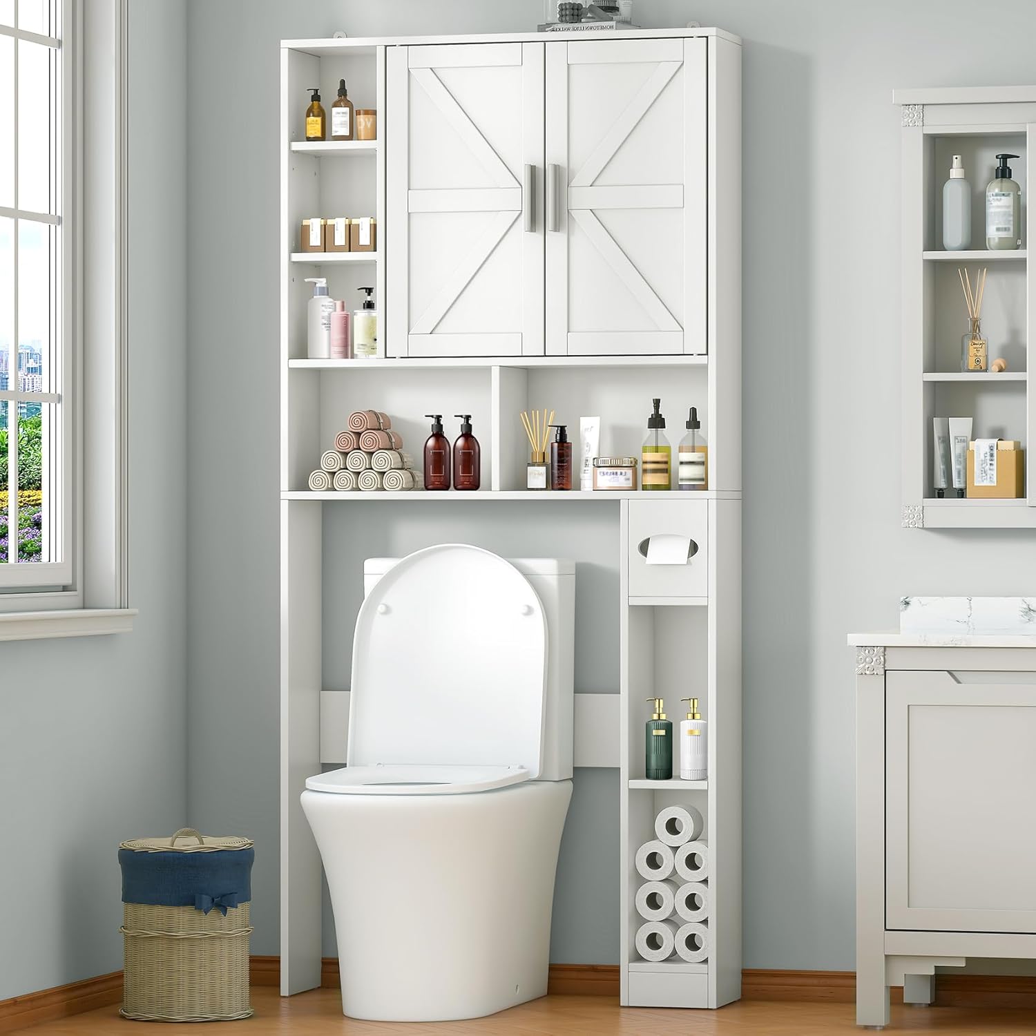 Bigbiglife Over The Toilet Storage Cabinet with 2 Barn Doors & Toilet Paper Holder, Freestanding Adjustable Bathroom Organizer, Space-Saving for Bathroom, Laundry Room (Barn Doors, White)
