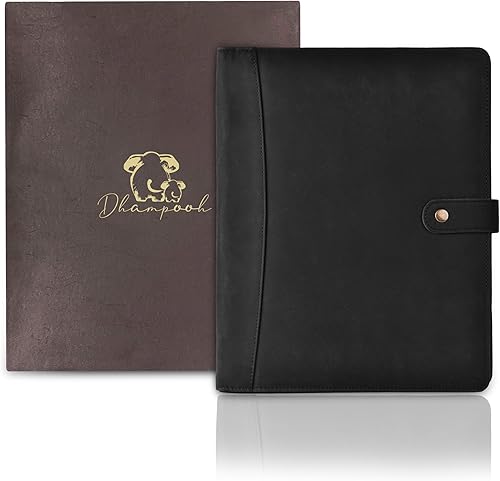 Portafolio de cuero genuino – Elegante organizador profesional negro y carpeta para currículum, portadocumentos de cuero antiguo para negocios con