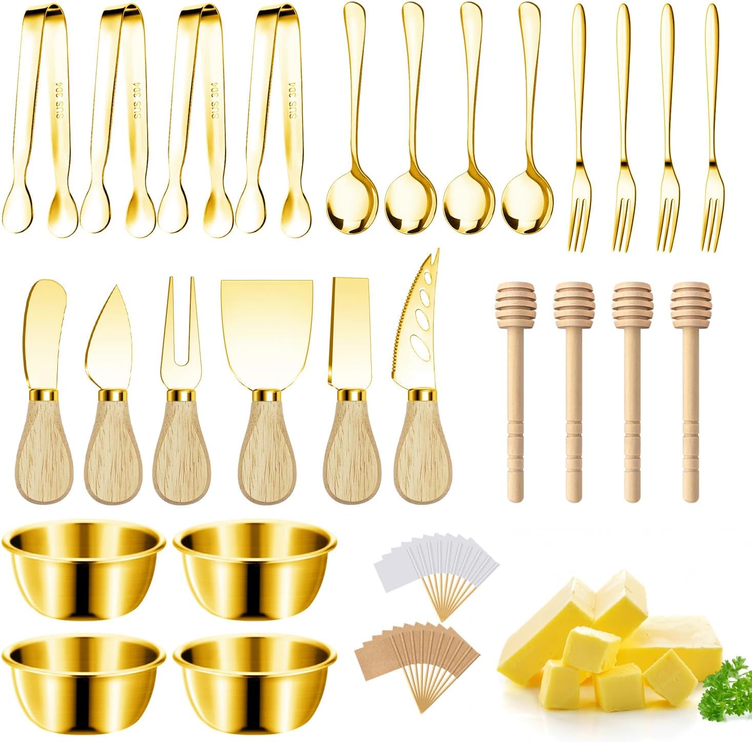 Charcuterie Boards Accessories Gold Charcuterie Utensils Cheese Butter Spreader Knife Set Small Serving Tongs Forks and Spoons Dipping Bowls Honey Dippers Toothpick Flags for Party Platter Making
