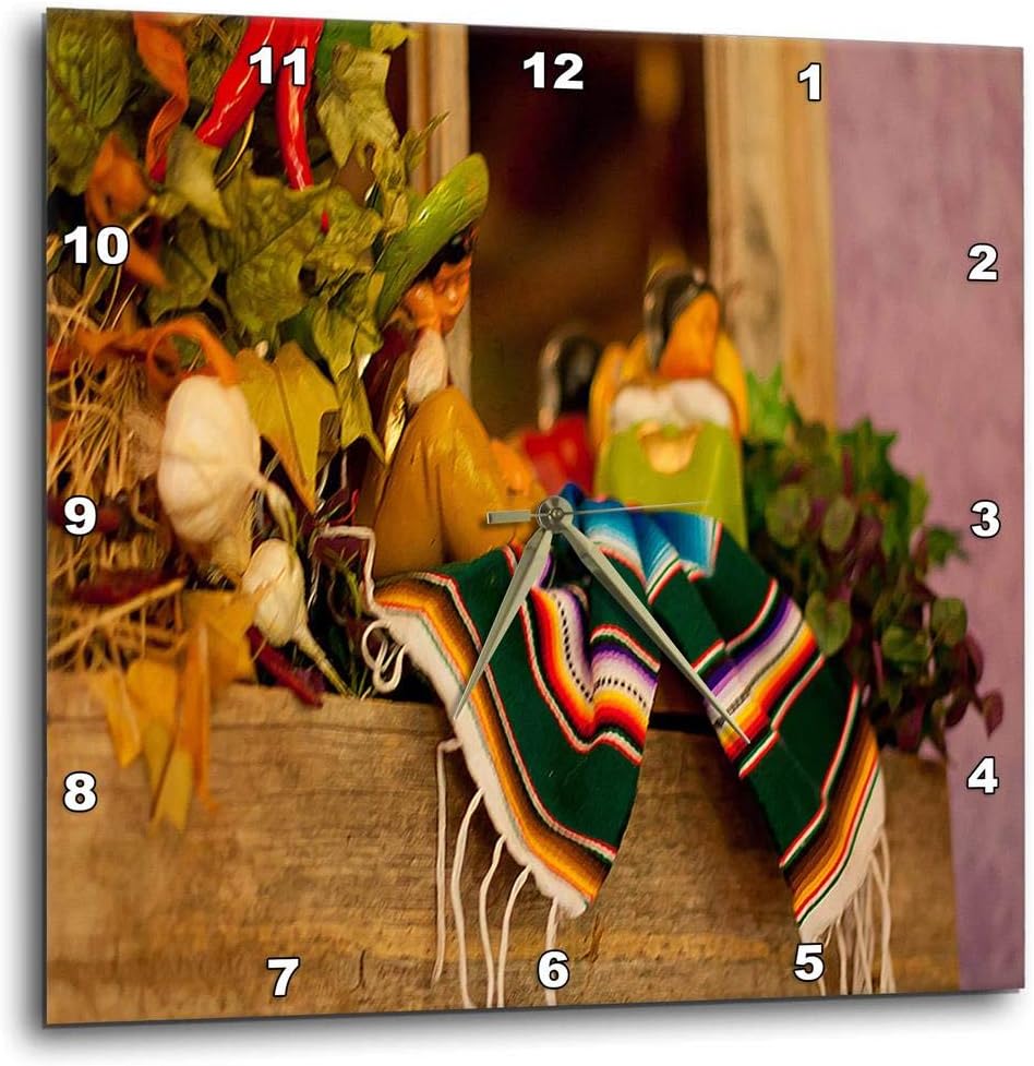 3dRose DPP_52081_1 Hispanic Girl and Boy Ceramic Hanging on a Mirror with Hot Chilies and Leaves at Mexican Restaurant-Wall Clock, 10 by 10"