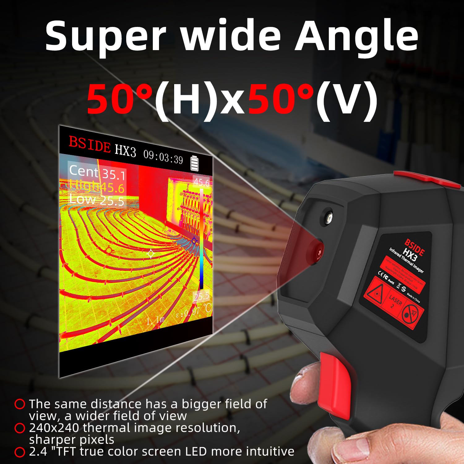 BSIDE Termocamera 240×240 Risoluzione 15 tavolozze di colori Termocamera a infrarossi -4°F a 1022°F 25Hz Imager termico portatile ricaricabile con puntatore laser 50°FOV per ispezione domestica HVAC