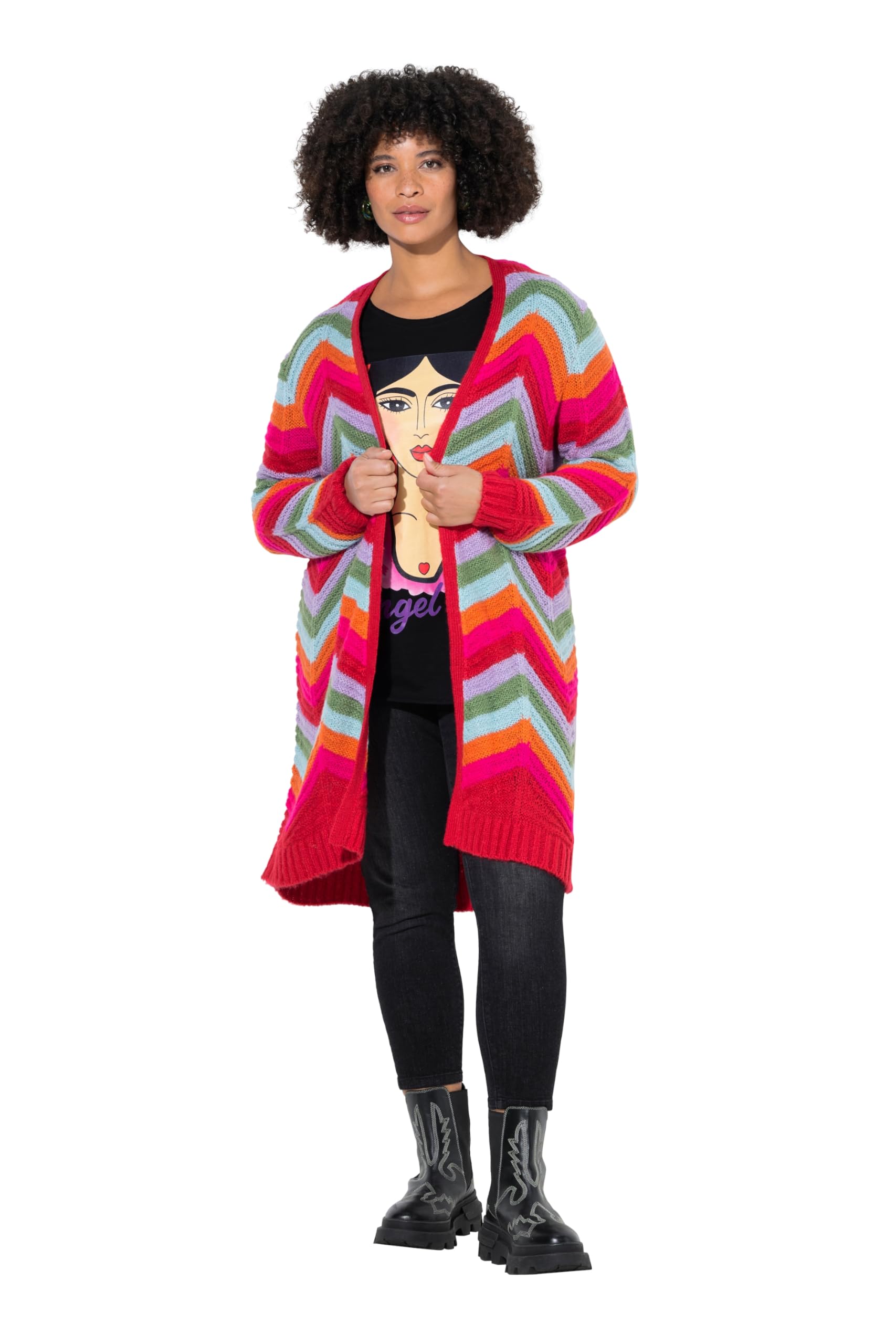 Angel of Style Damen große Größen Übergrößen Plus Size Strickjacke, Lange und gerade, offene Form, Zackenmuster 848917