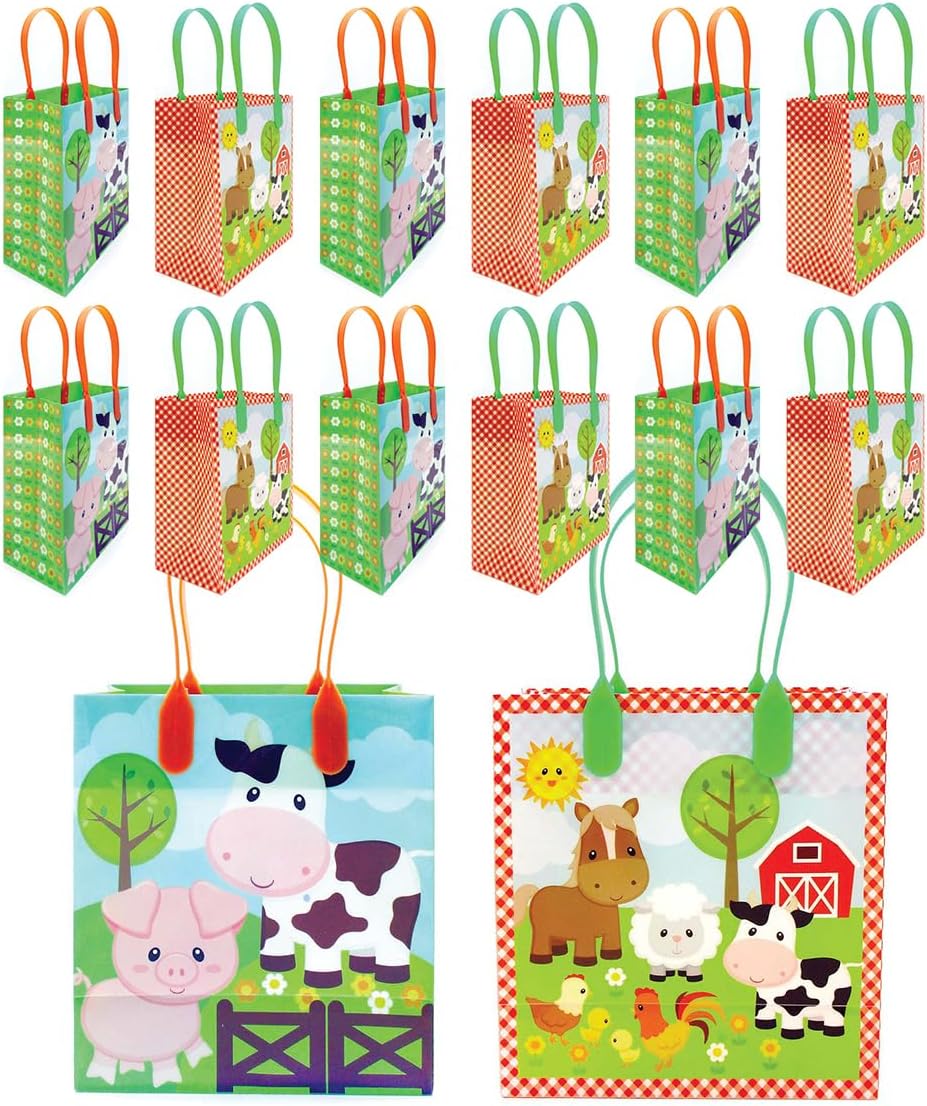 TINYMILLS Barnyard Farm Animals Party Favor Treat Bags with Handles, Farm Animal for Toddler Birthday Party Candy Bags Tractor Birthday Party Supplies Pack of 12