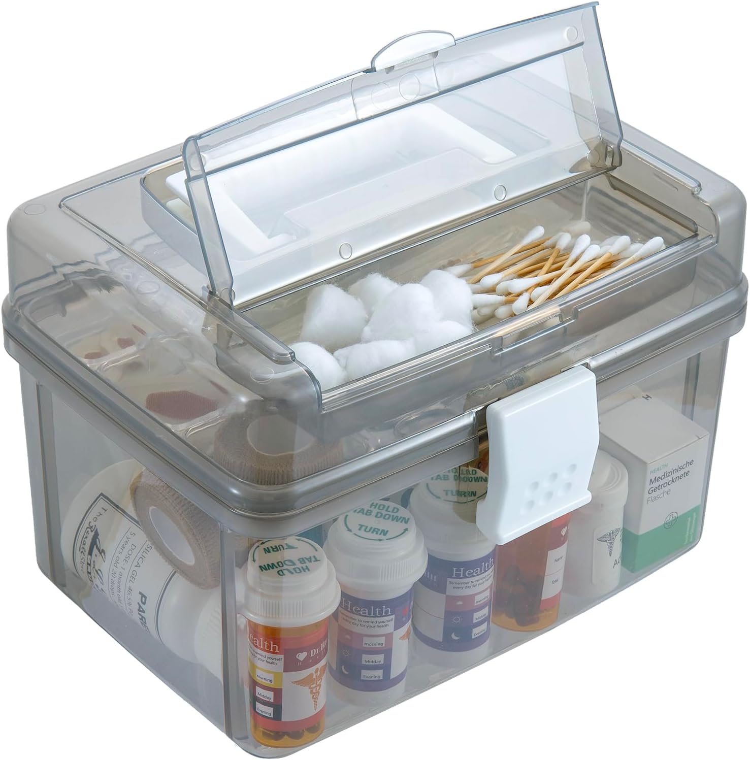 MyGift 10 Inch First Aid Transparent Gray Bin with Clear Removable Tray, Quick Access Lid Flap and Carrying Handle, Portable Emergency Kit, Medical Supply Travel Tote, Medicine Storage Box Container