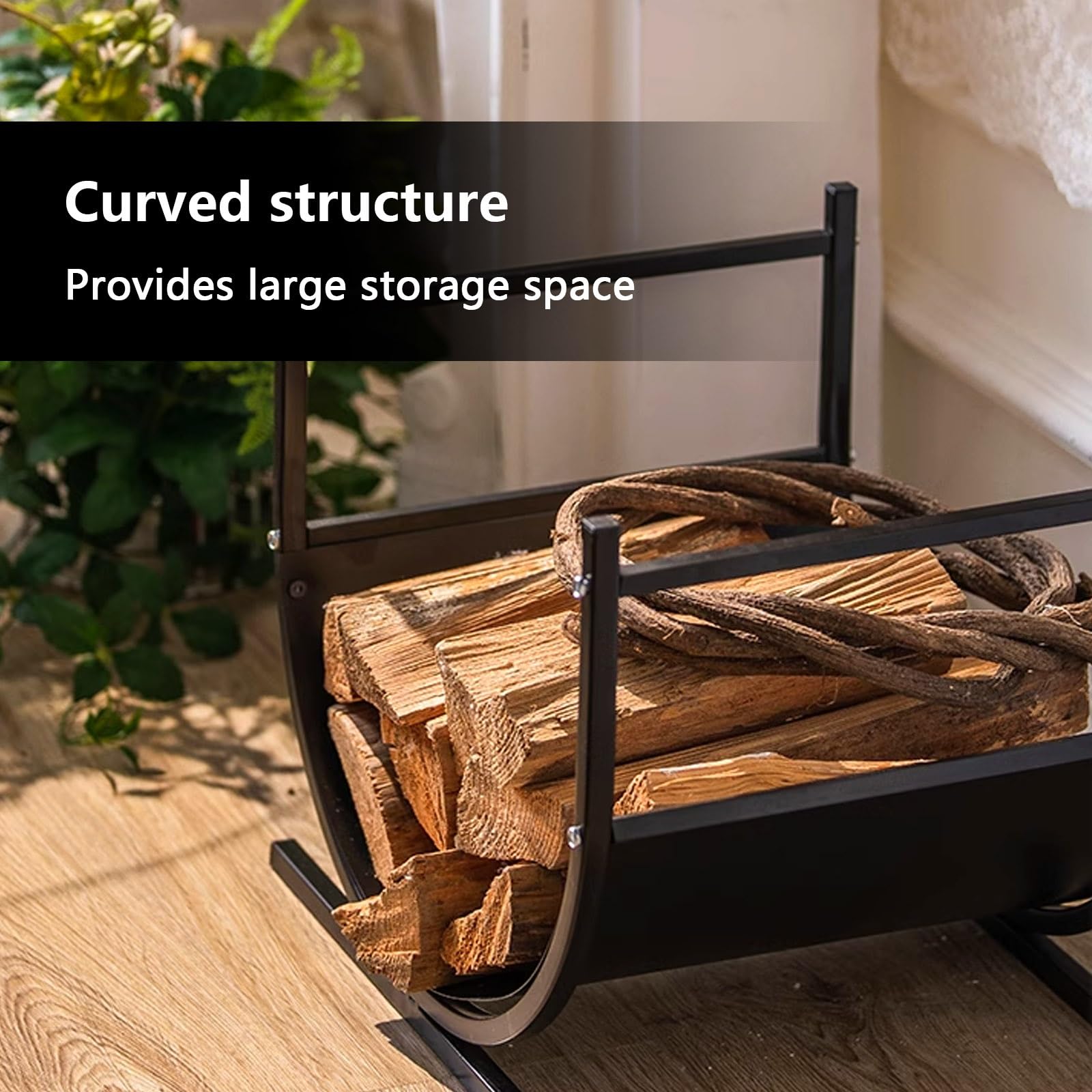 Estante leña Metal, leñeras de Interior, Fuerte Capacidad de Carga, Soporte para Leña de Interior, ventilación, Estante para Troncos Curvado, Fácil de Montar, Uso Interior y Exterior