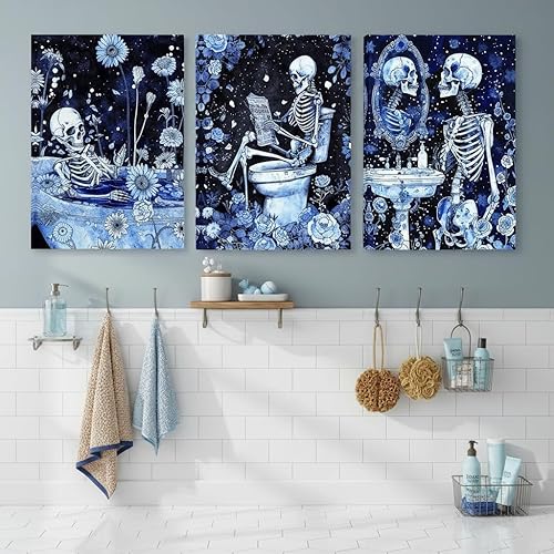 Miniatura 4 de FuShvre Decoración de esqueleto para baño, cuadros artísticos de pared de esqueleto Moody para baño, pintura gótica para decoración del hogar,