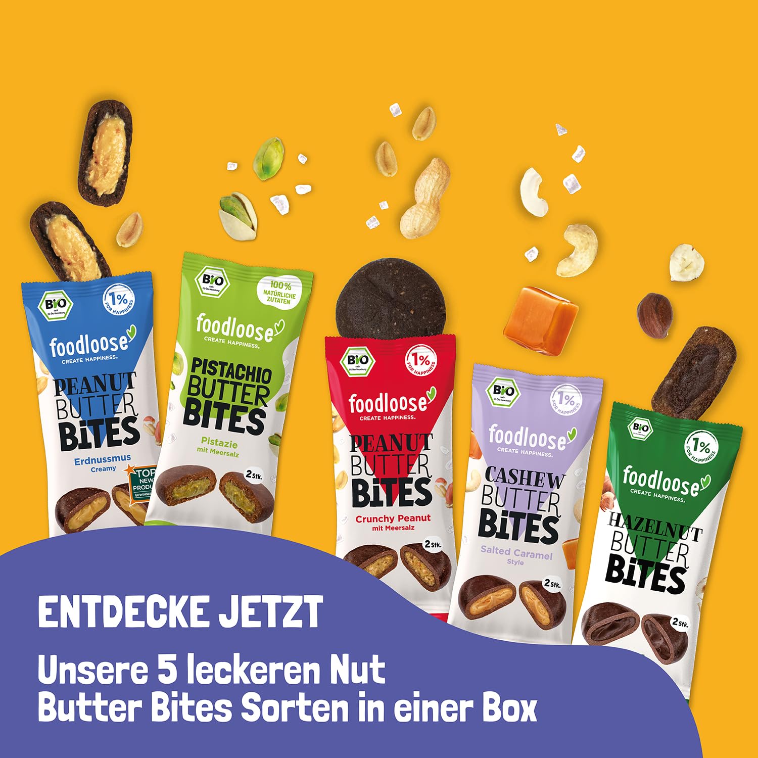 Foodloose Bio-Nut Butter Bites Probierpaket 5 Sorten 20 x 40g Vegan Glutenfrei