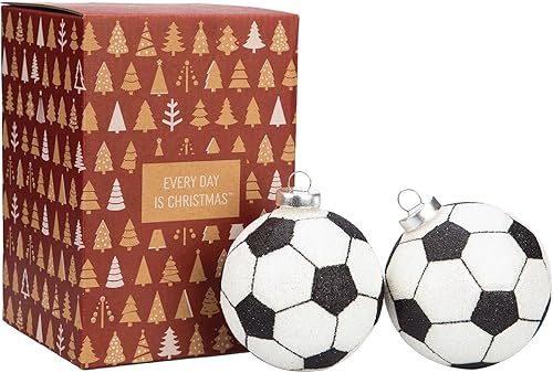 Every Day is Christmas Adornos de vidrio soplado, bonitas figuras hechas a mano, decoración de árbol, juego de 2 pelotas de fútbol