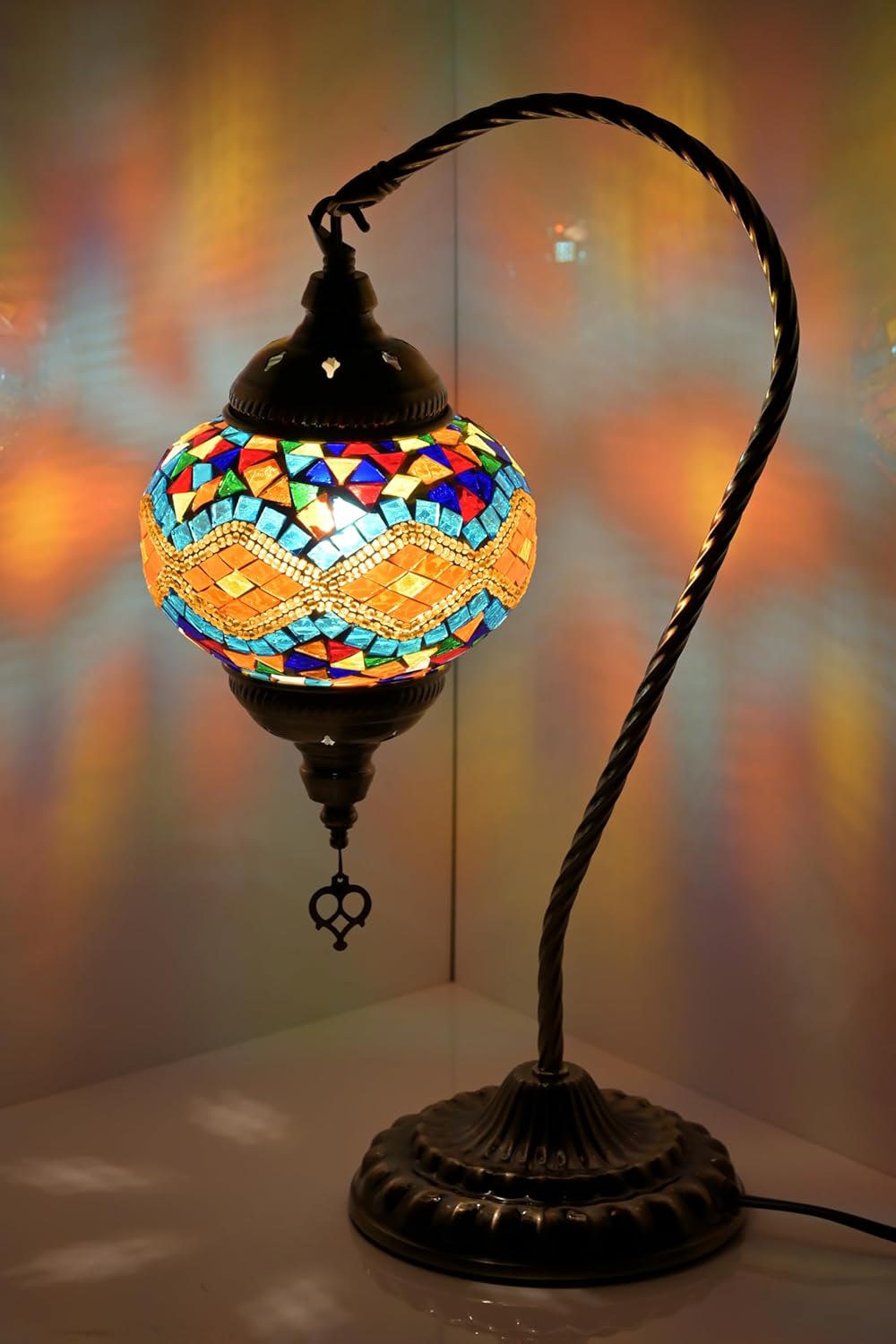 GOGERS Swan Neck Turkish Moroccan Mosaic Lamp: Handmade Stained Glass Bohemian Tiffany Style Table Lamp for Bedroom Living Room