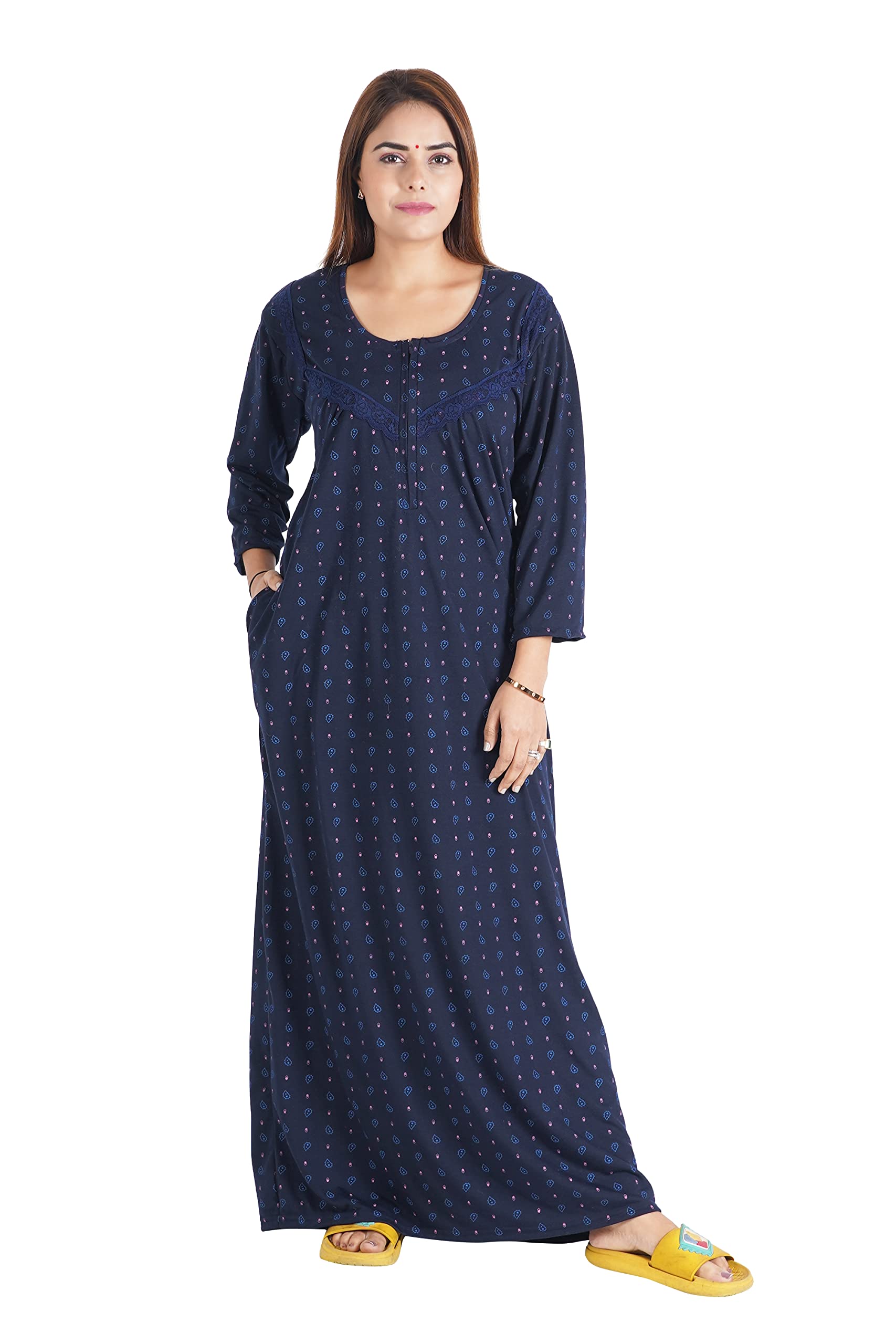 BHAVI Women's Hosiery Cotton Nighty| Full Sleeves | Night Wear | Maxi for Women | Size-XL, U Shaped Neck (Article-SK-004) Dark Blue-image-40