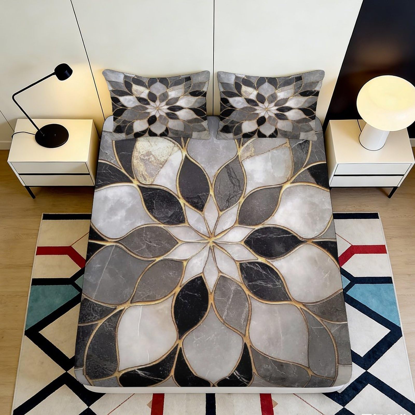 3D Printed Geometric Flower Fitted Sheet Microfiber Soft Breathable Abstract Petal Mattress Cover Bedroom Decor 90x200x25cm