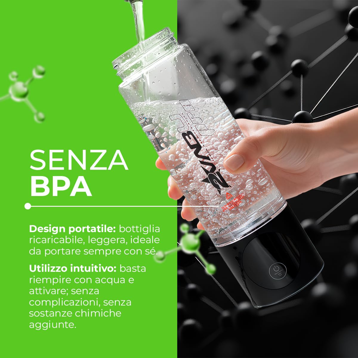 Molecular Pro – Borraccia Acqua Idrogenata Ricaricabile – 4000 PPB Idrogeno Molecolare – Ionizzatore Acqua con Tecnologia SPE e PEM – 280 ml