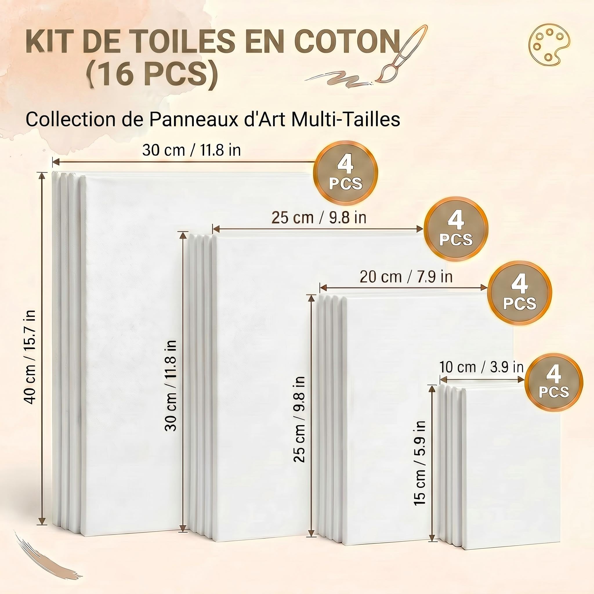Lot de 16 Toile Peinture, 4 Tailles 10x15/20x25/25x30/30x40cm, 100% Coton Grain Fin, Cadre en Pin Robuste, pour Acrylique, Huile, Gouache, Débutants et Artistes Professionnels