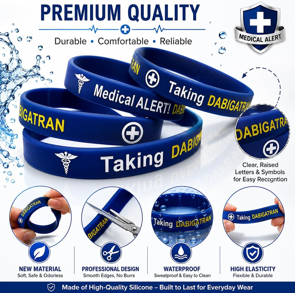 4-Pack Medical Alert Wristbands for Taking Dabigatran – Silicone Medical ID Bracelets for Men & Women, Blood Thinner Alert Wristbands, Emergency Identification for Daily Wear, Travel & Outdoor Activities