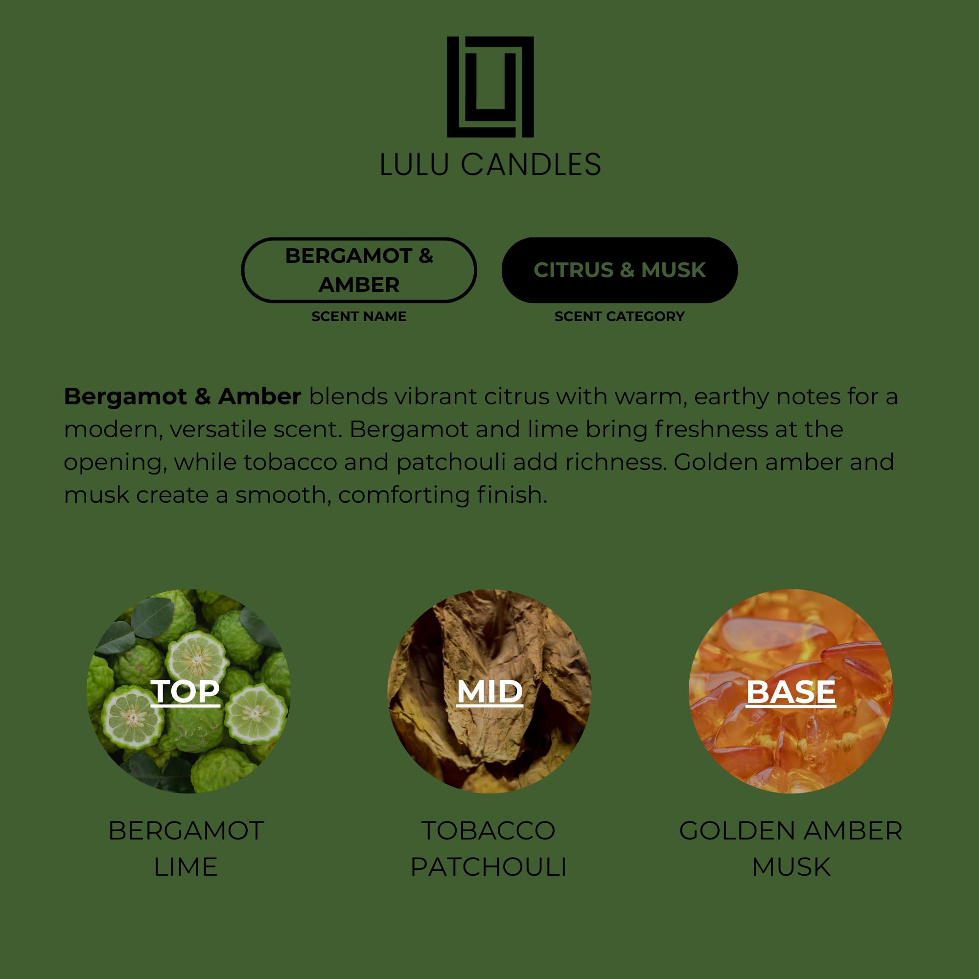 Lulu Candles | Bergamotka i bursztyn | Pachnie cytrusami i piżmem | Luksusowa świeca zapachowa w słoiku sojowym | ręcznie nalewana w USA | wysoce pachnąca długotrwała (255 g)