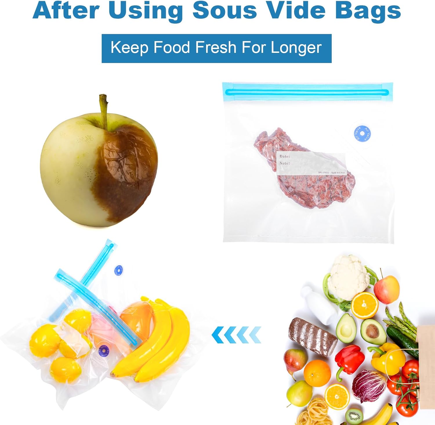 60 Pack Reusable Sous Vide Bags Vacuum Sealer for Food with 10 Sealing Clips, 4 Sizes BPA-Free Vacuum Zipper Storage Freezer Bags with Air Valve, Double Layers Leak Proof Design for Food Storage - Image 6