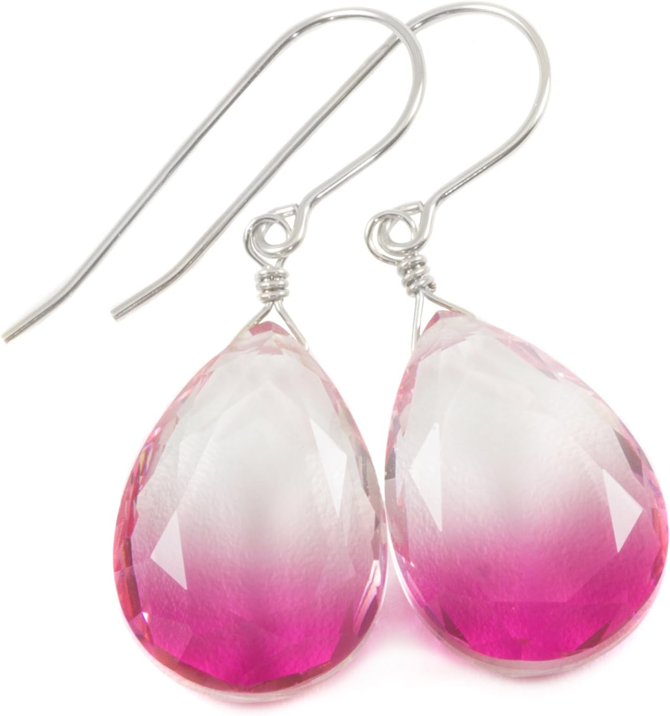 Sterling Silver Bi Color Simulated Tourmaline Pink Earrings Faceted Teardrops Simple Dangle Drops 1.4"