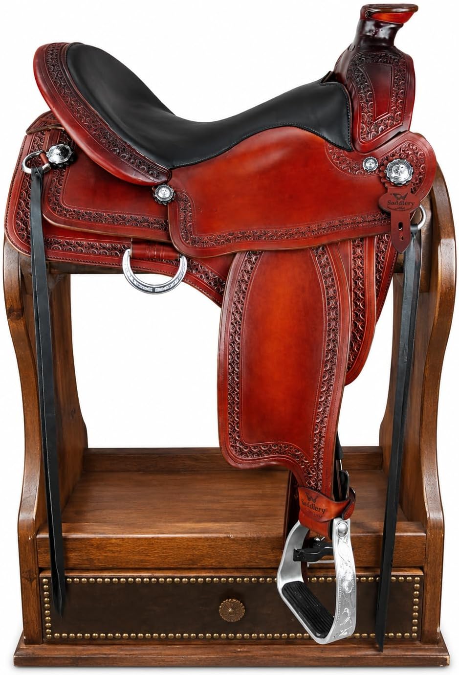 Wade Horse Saddle Tree A Fork Roping Ranch Work Handmade Tooled Carved Premium Leather Western Equestrian Trail Tack Adult & Pony Horse Riding Saddle, Size: 10-18 inch Seat, EV-103